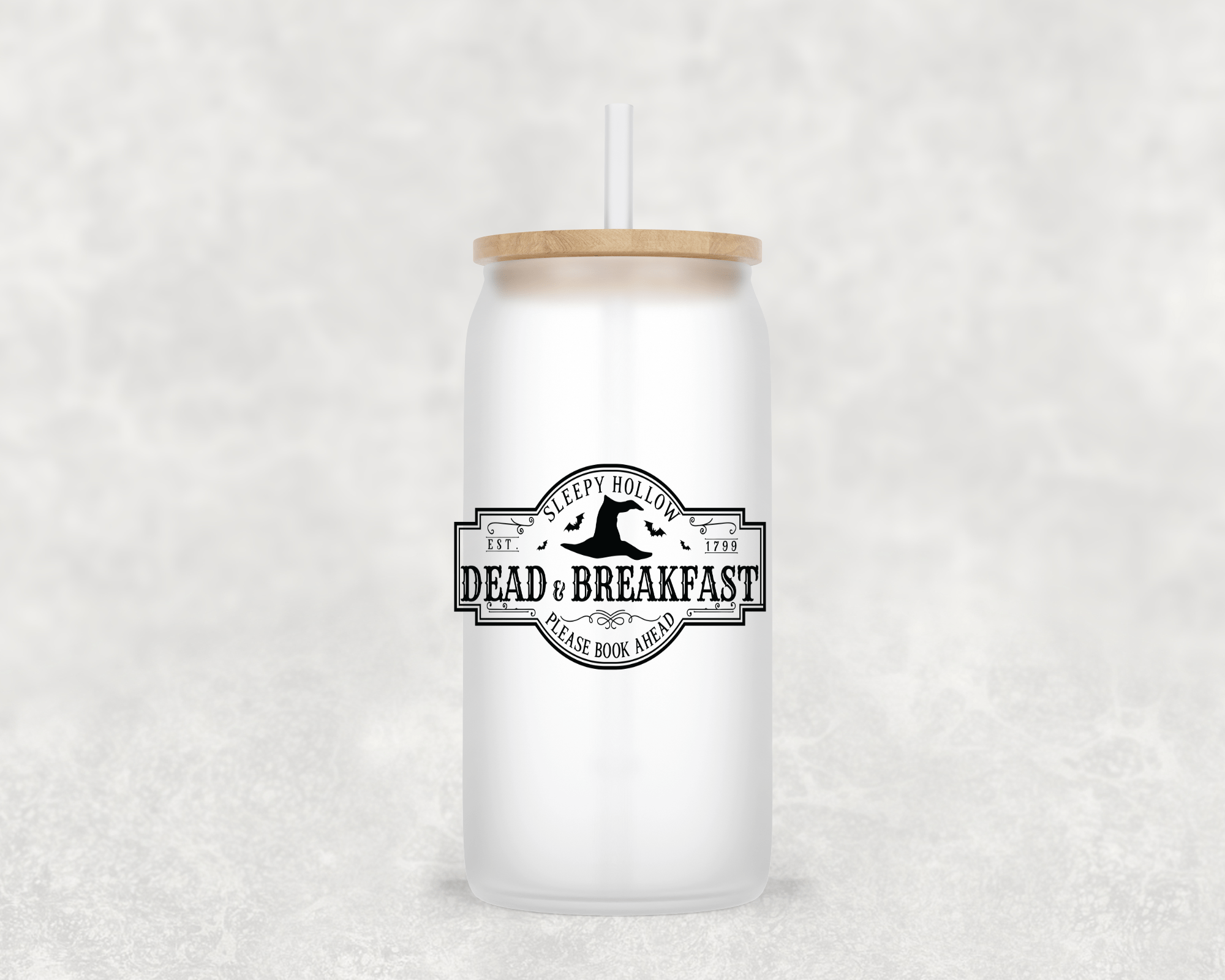 Sleepy Hallow Glass Cup with clear straw and bamboo lid-Drinkware-Stay Foxy Boutique, Florissant, Missouri