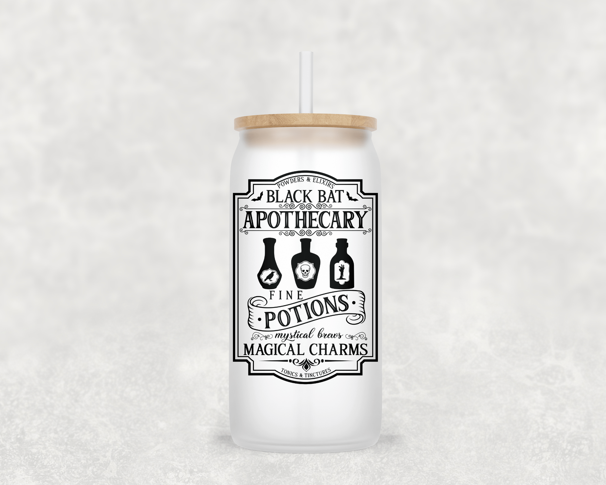 Black Bat Glass Cup with clear straw and bamboo lid-Drinkware-Stay Foxy Boutique, Florissant, Missouri