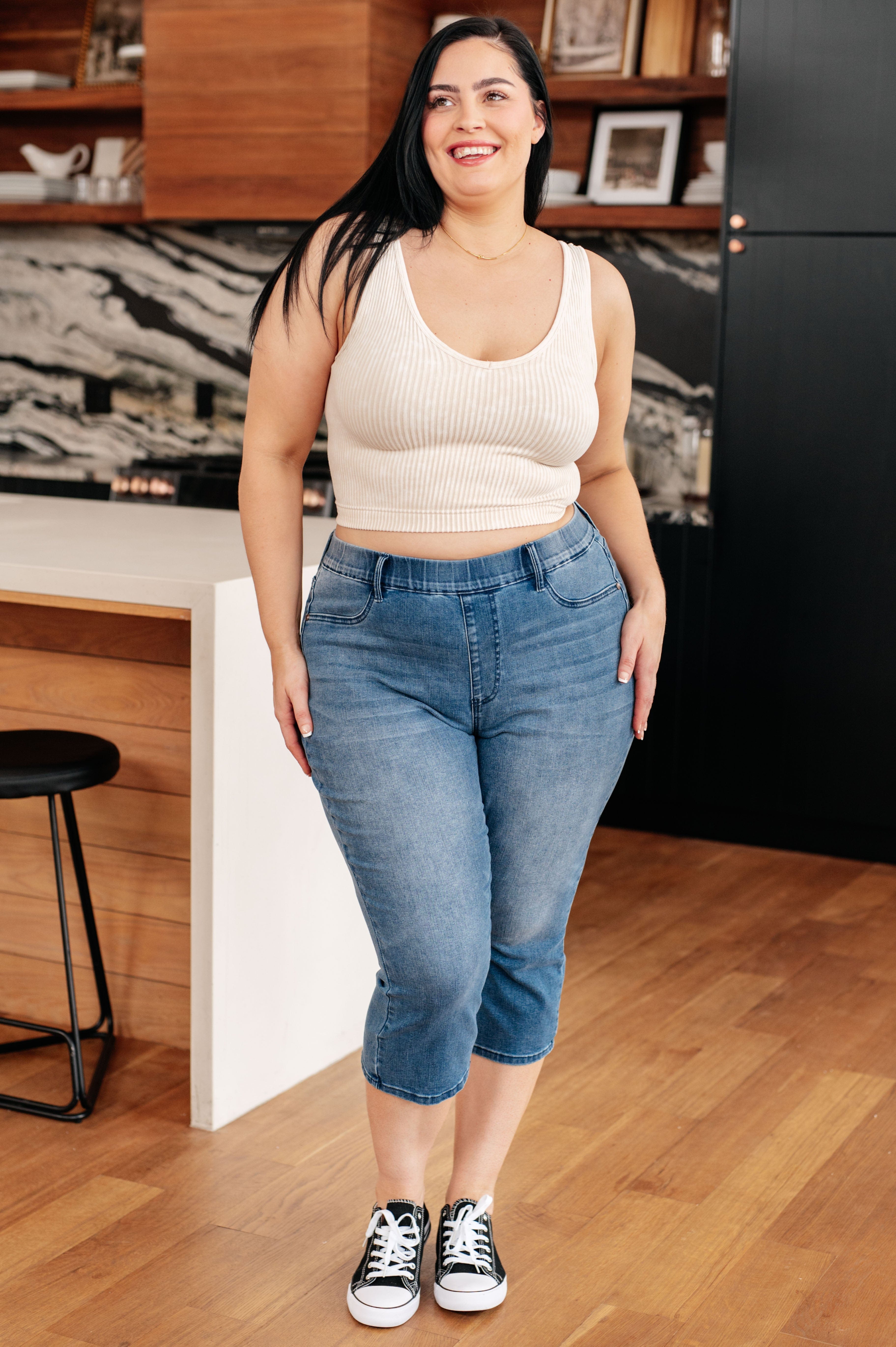 Emily High Rise Cool Denim Pull On Capri Jeans-Womens-Stay Foxy Boutique, Florissant, Missouri