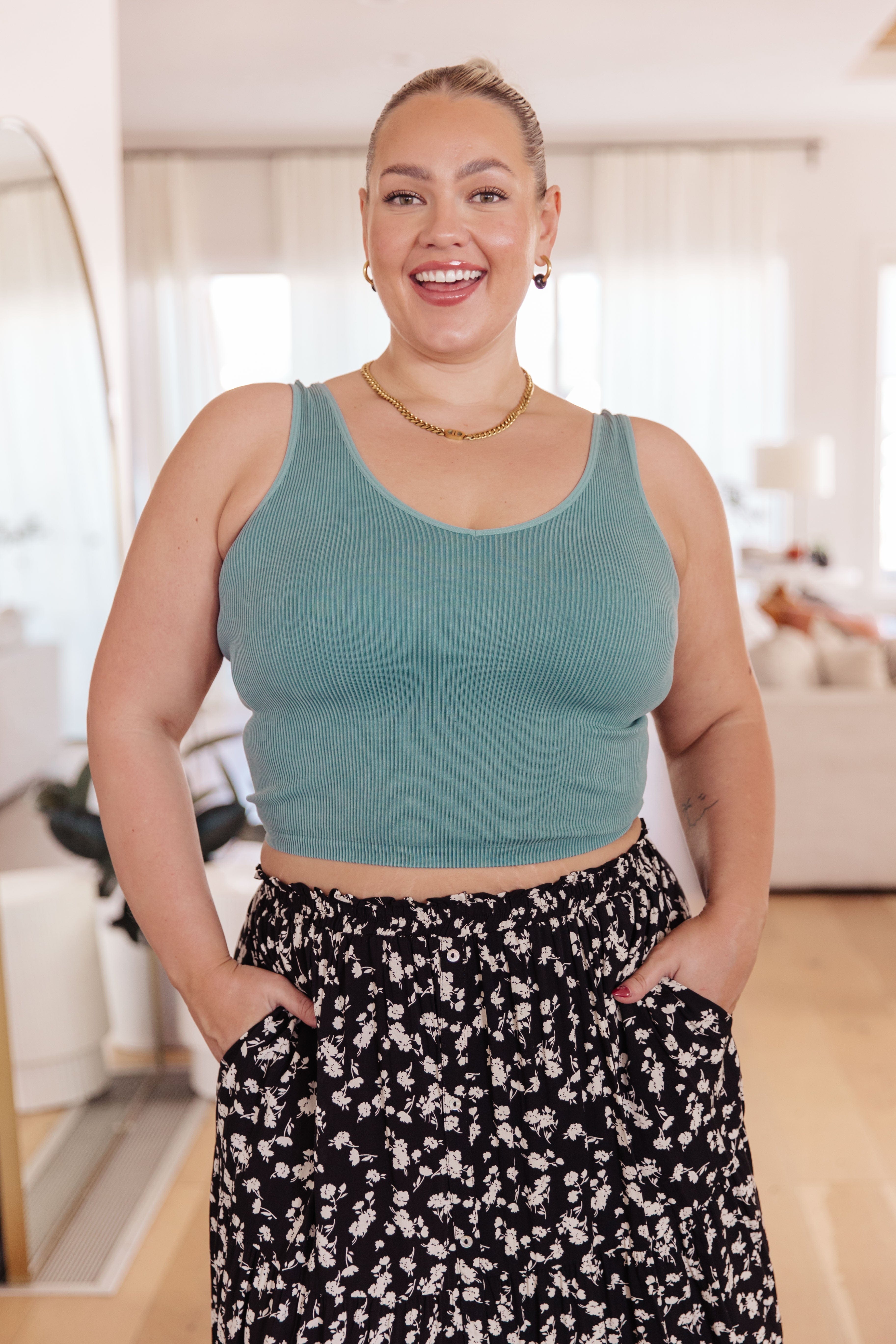 Fundamentals Ribbed Seamless Reversible Tank in Vintage Blue-Womens-Stay Foxy Boutique, Florissant, Missouri