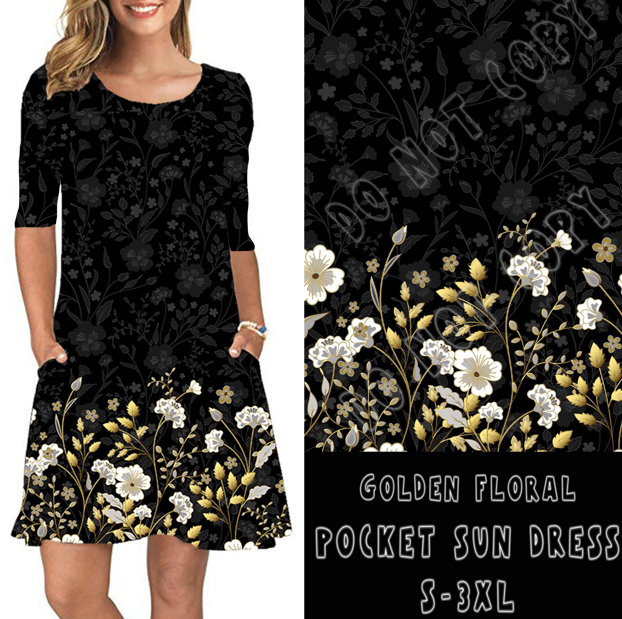 3/4 SLEEVE POCKET DRESS- GOLDEN DRIPPED FLORAL POCKET DRESS-Stay Foxy Boutique, Florissant, Missouri
