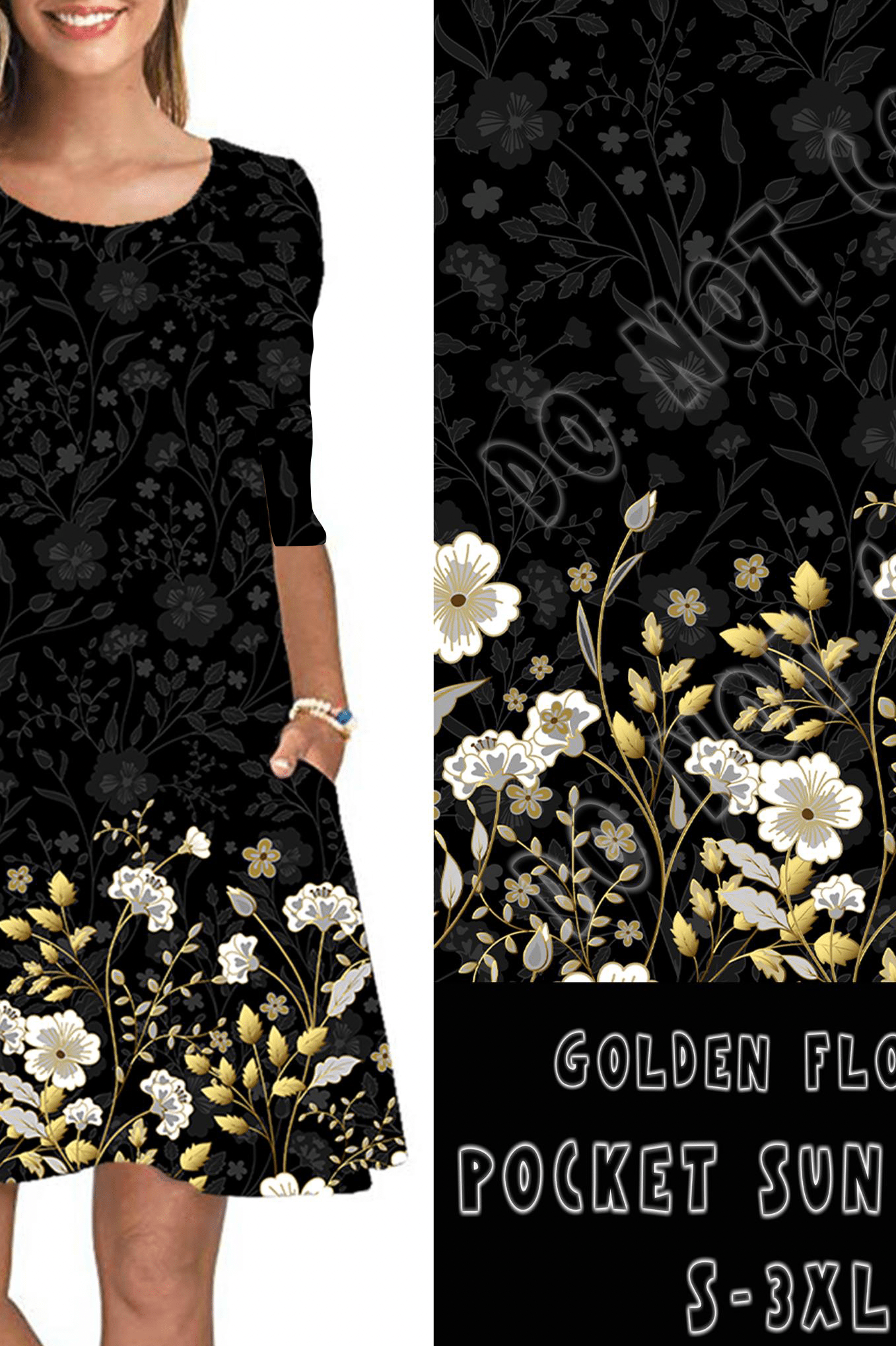 3/4 SLEEVE POCKET DRESS- GOLDEN DRIPPED FLORAL POCKET DRESS-Stay Foxy Boutique, Florissant, Missouri