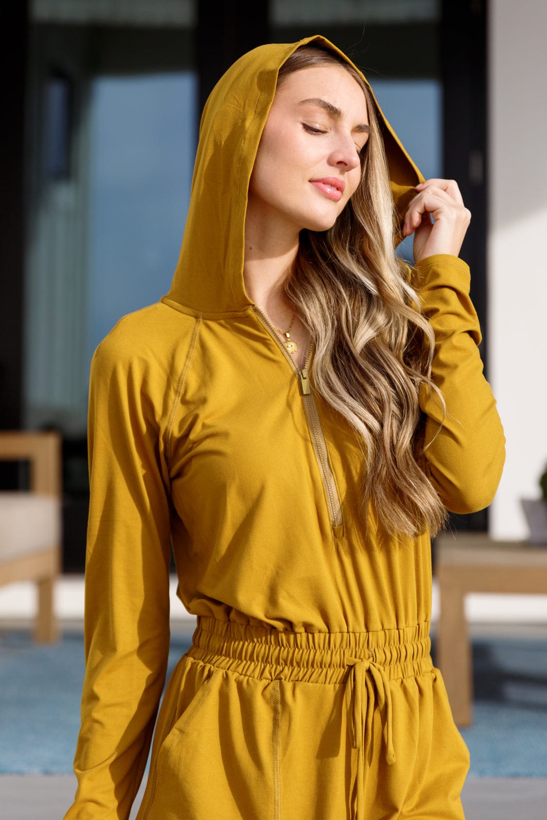 Getting Out Long Sleeve Hoodie Romper Gold Spice-Athleisure-Stay Foxy Boutique, Florissant, Missouri