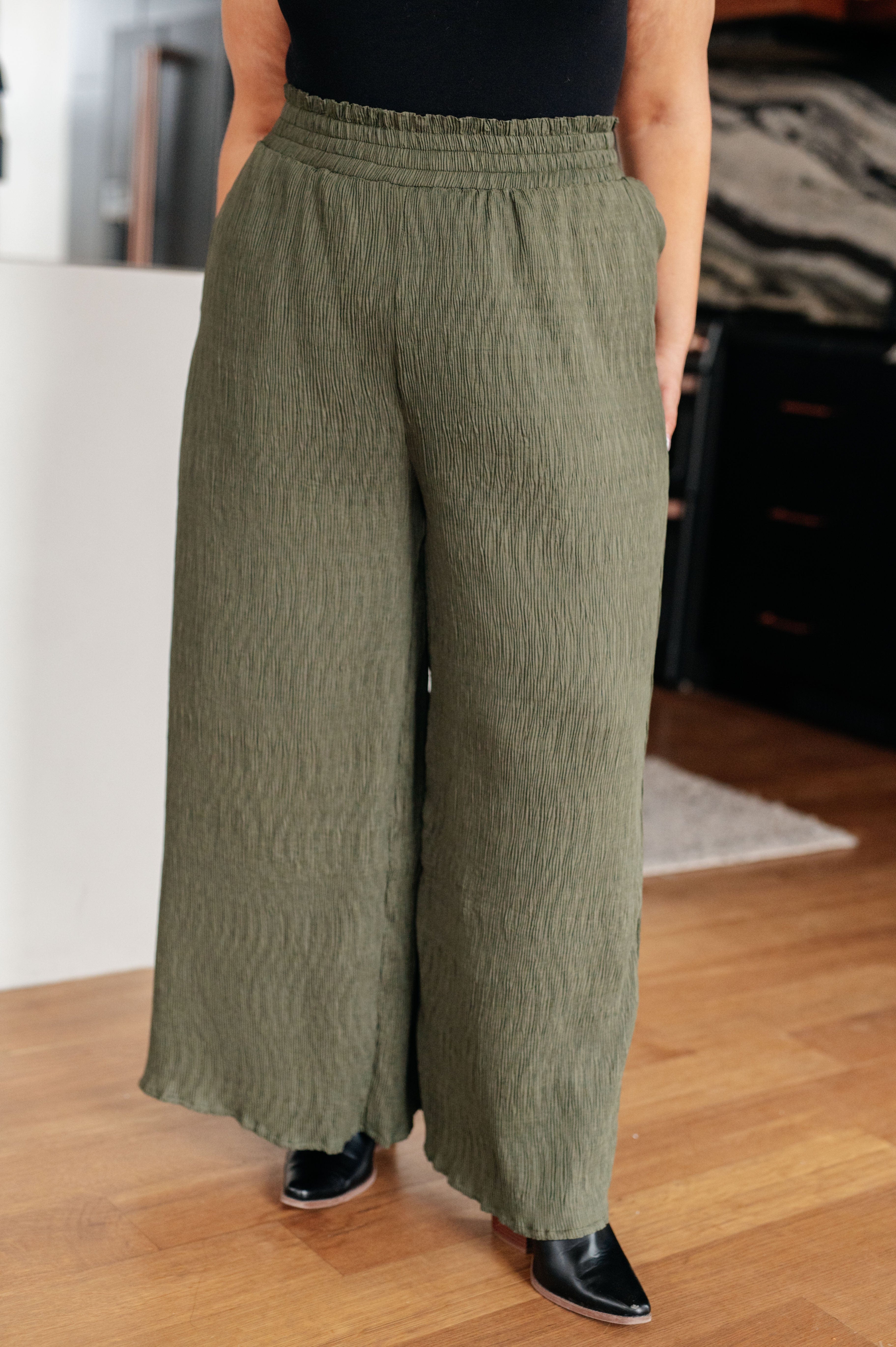 Harmony High Rise Wide Pants in Olive-Womens-Stay Foxy Boutique, Florissant, Missouri