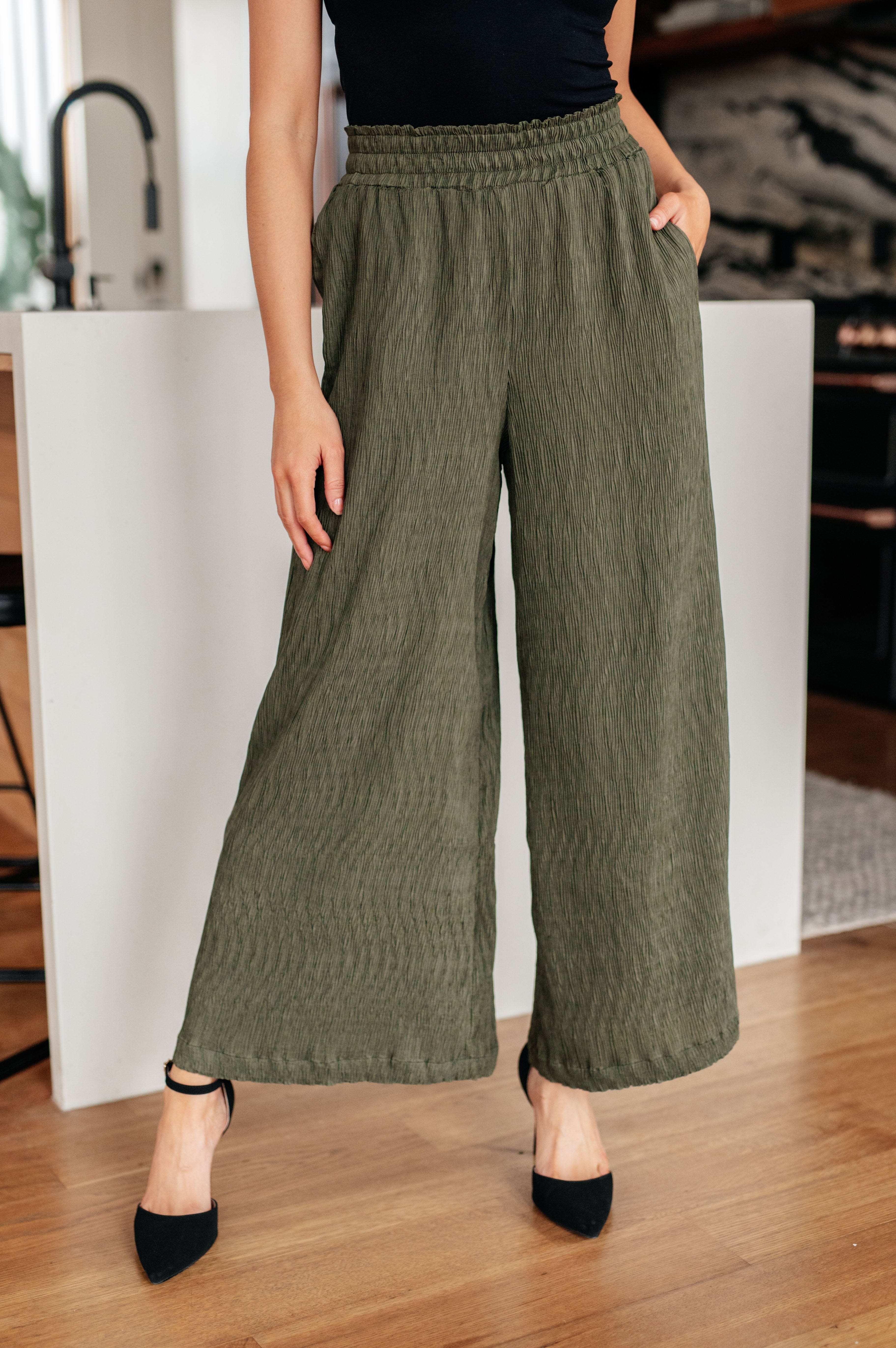 Harmony High Rise Wide Pants in Olive-Womens-Stay Foxy Boutique, Florissant, Missouri