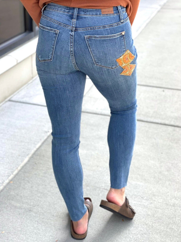 Retro Vibes Judy Blue Patch Skinny Jeans-judy blue-Stay Foxy Boutique, Florissant, Missouri