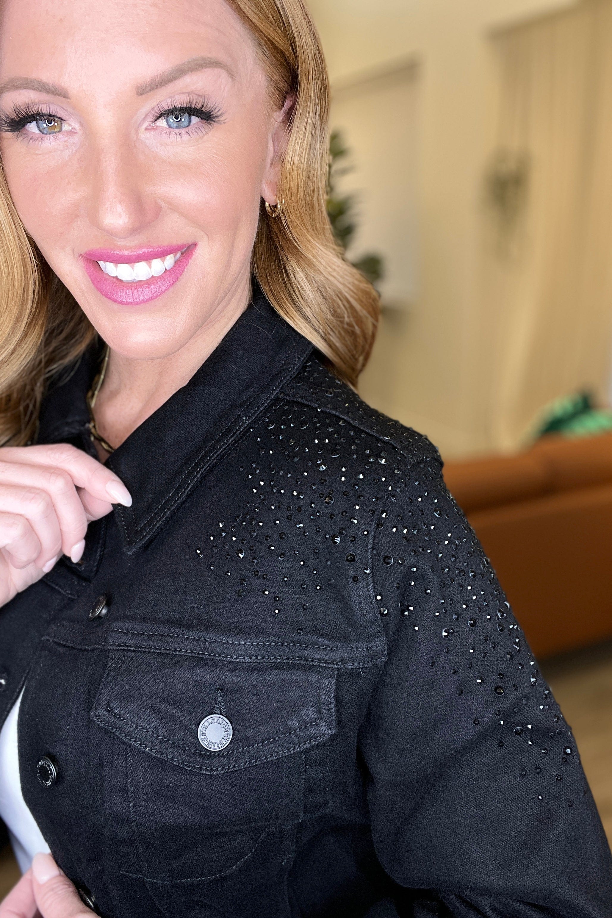 Reese Rhinestone Denim Jacket in Black-Womens-Stay Foxy Boutique, Florissant, Missouri