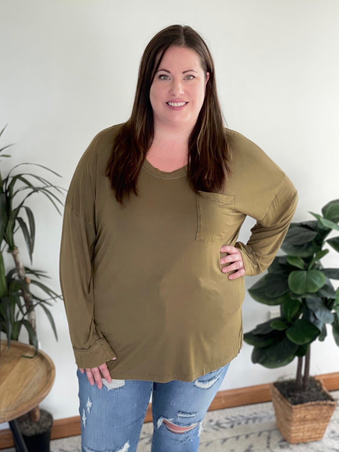 A Better Life Top in Olive-White Birch-Stay Foxy Boutique, Florissant, Missouri