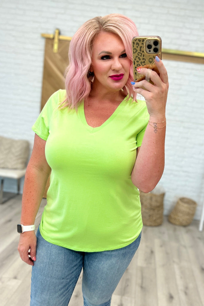 V-Neck Slim Short Sleeve Top in Lime-Womens-Stay Foxy Boutique, Florissant, Missouri