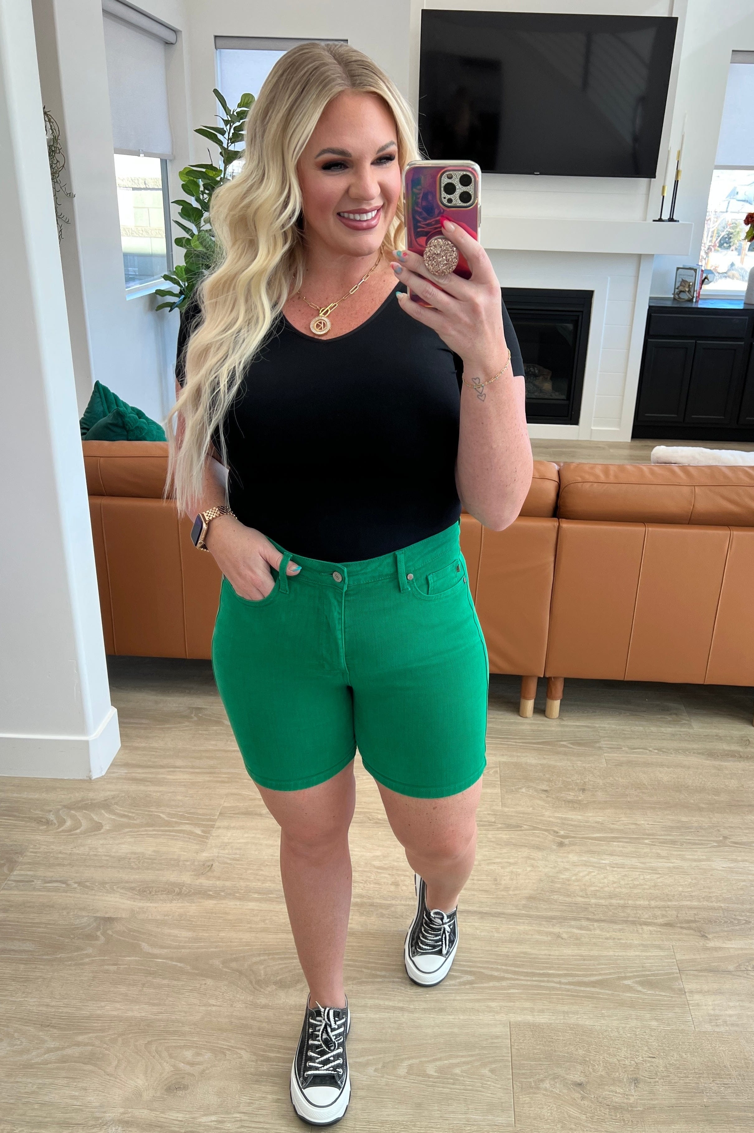 Jenna High Rise Control Top Cuffed Shorts in Green-Womens-Stay Foxy Boutique, Florissant, Missouri
