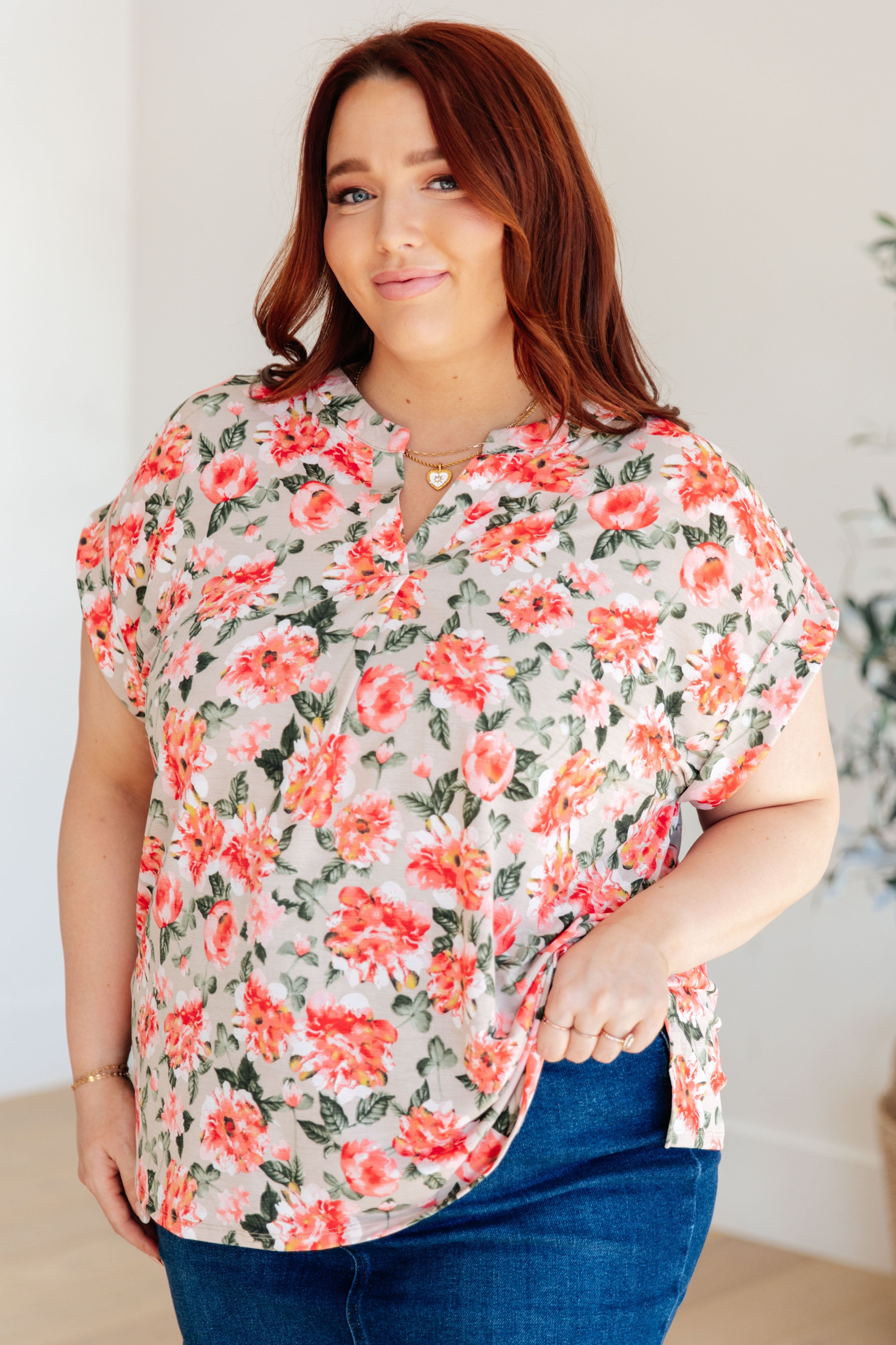 Lizzy Cap Sleeve Top in Coral and Beige Floral-Womens-Stay Foxy Boutique, Florissant, Missouri