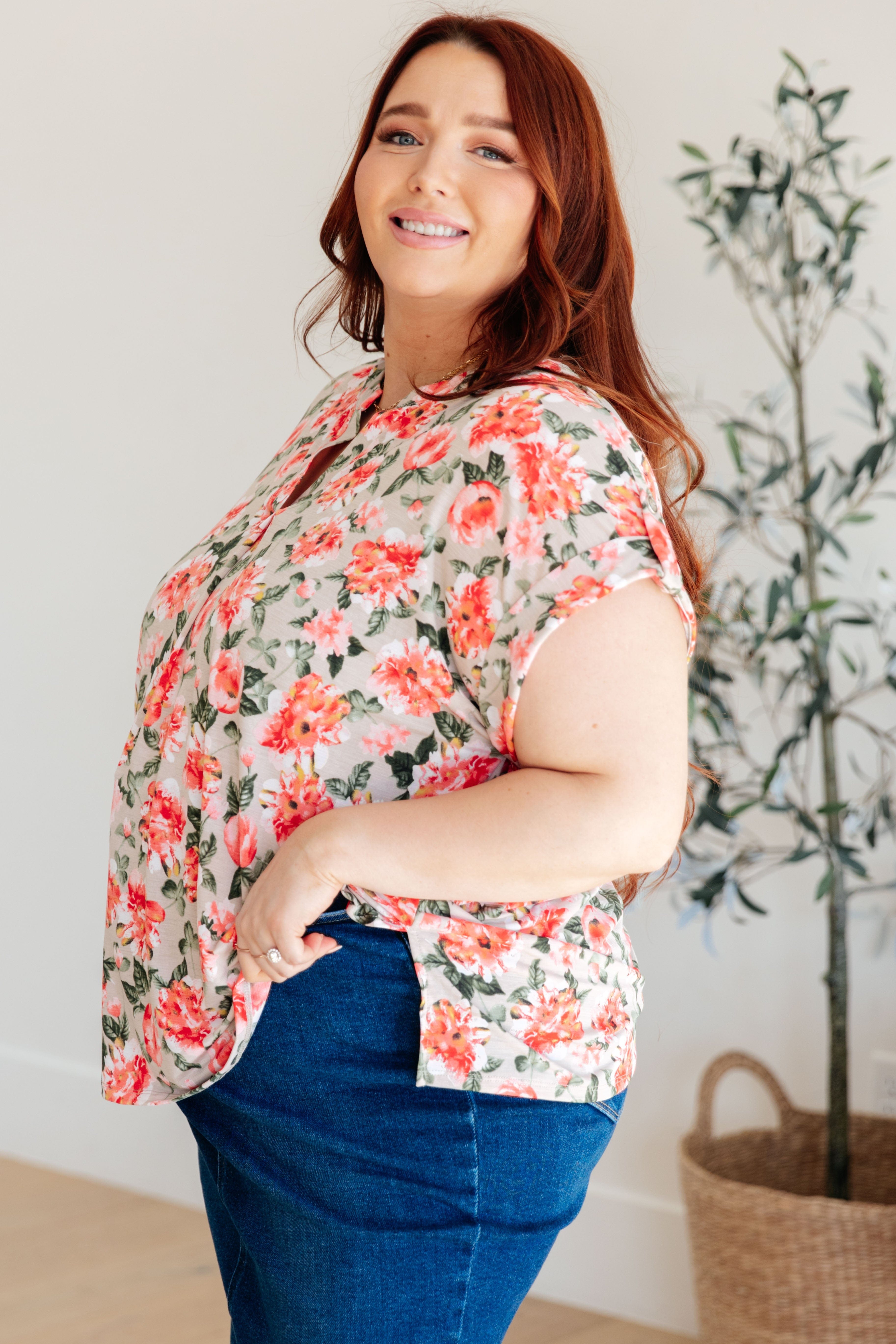 Lizzy Cap Sleeve Top in Coral and Beige Floral-Womens-Stay Foxy Boutique, Florissant, Missouri