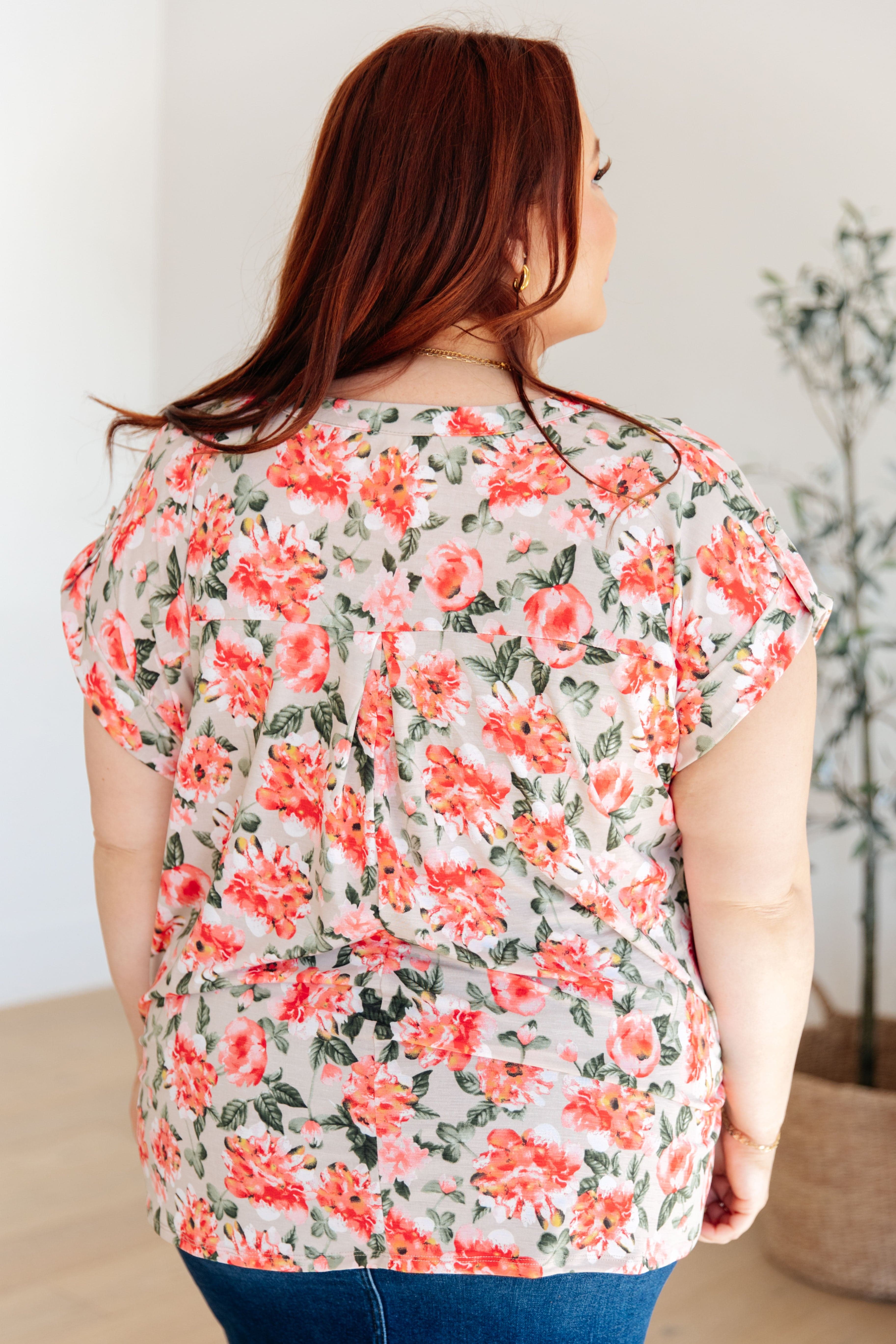 Lizzy Cap Sleeve Top in Coral and Beige Floral-Womens-Stay Foxy Boutique, Florissant, Missouri