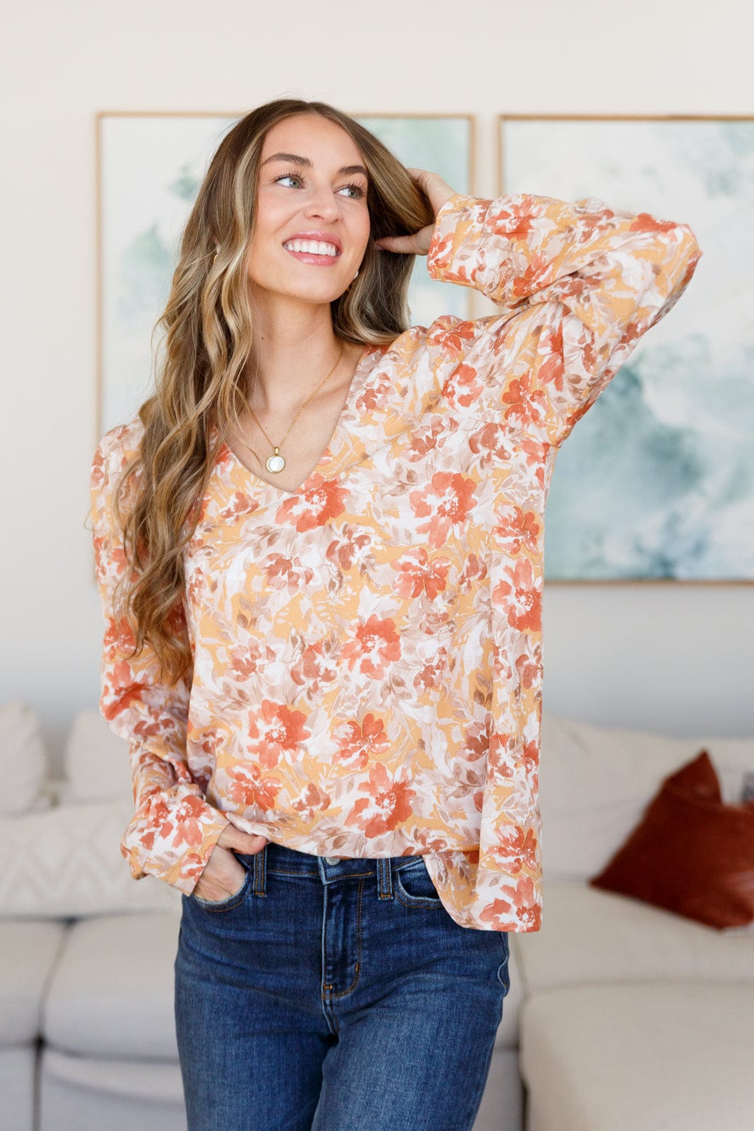 Marigold Dreams Floral Blouse-Tops-Stay Foxy Boutique, Florissant, Missouri