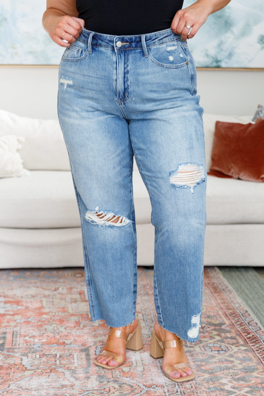 Nora High Rise Rigid Magic Destroy Slim Straight Jeans-Womens-Stay Foxy Boutique, Florissant, Missouri