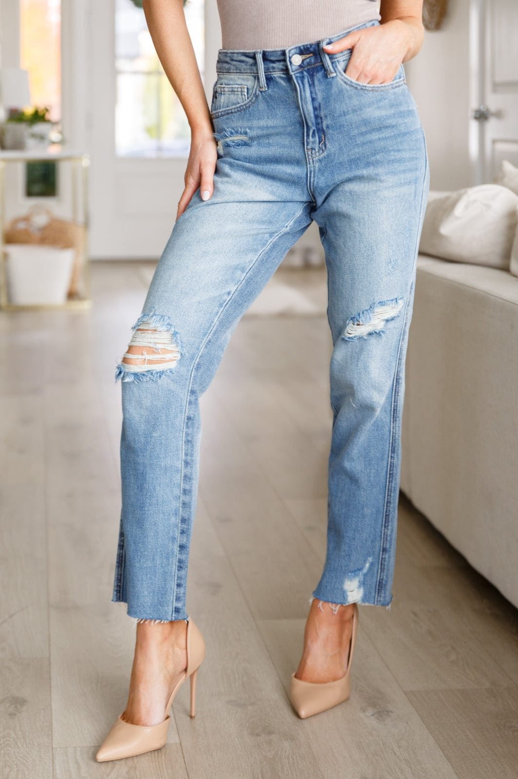 Nora High Rise Rigid Magic Destroy Slim Straight Jeans-Womens-Stay Foxy Boutique, Florissant, Missouri