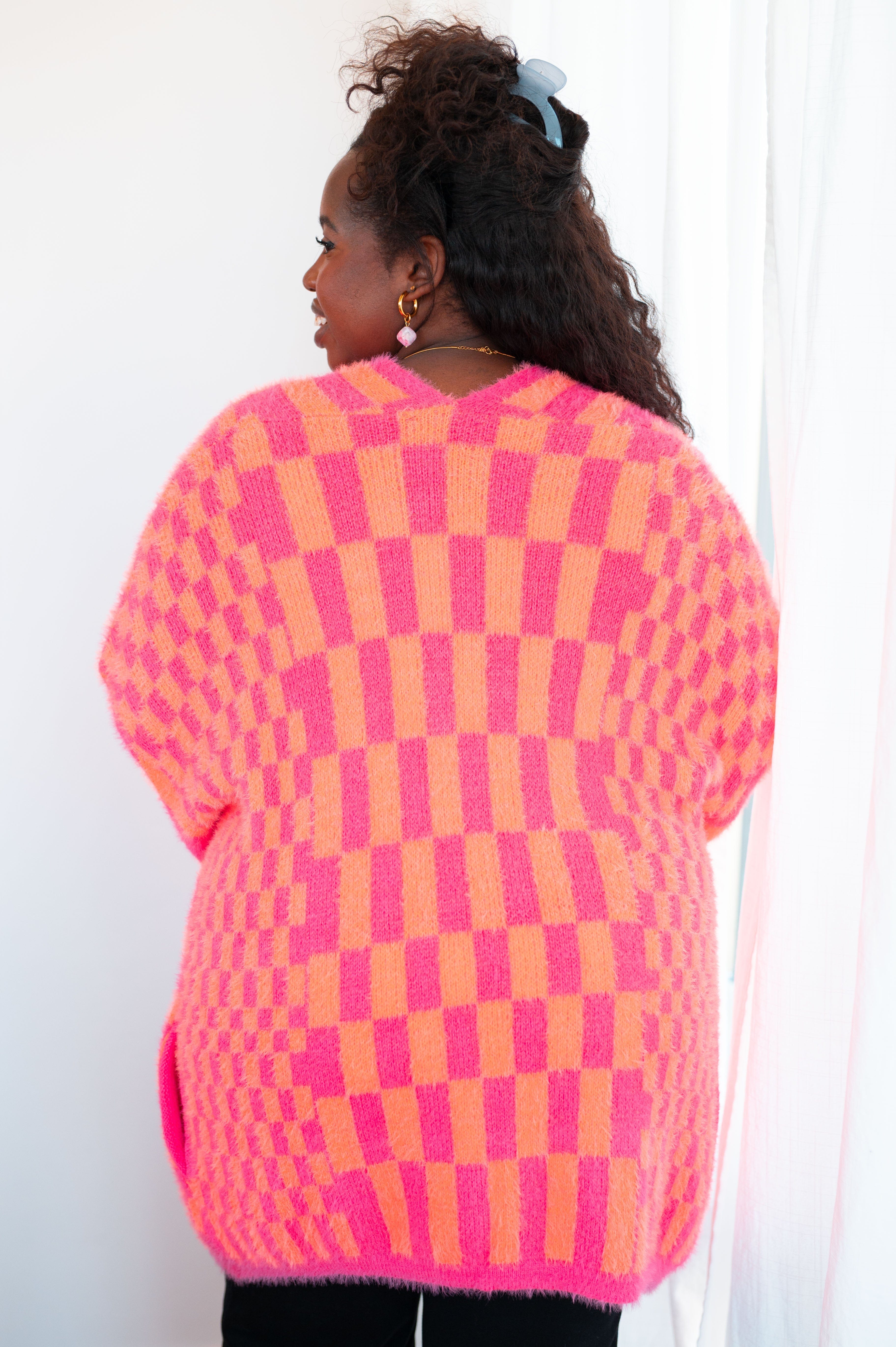 Noticed in Neon Checkered Cardigan in Pink and Orange-Womens-Stay Foxy Boutique, Florissant, Missouri