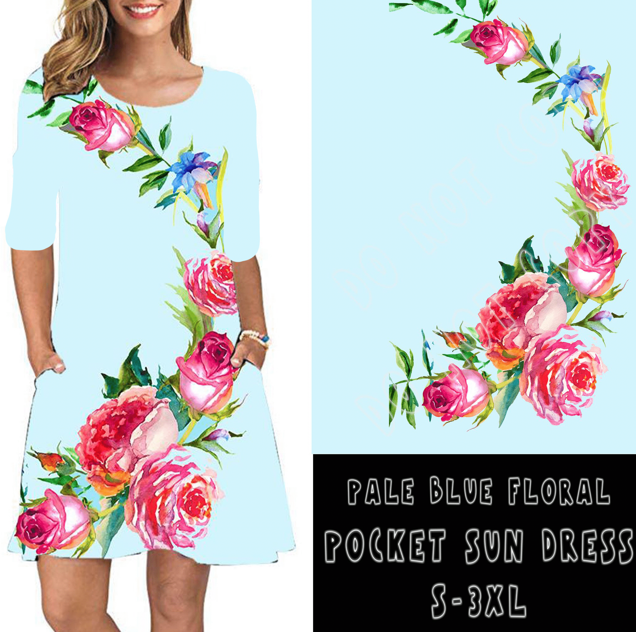 3/4 SLEEVE POCKET DRESS- PALE BLUE FLORAL POCKET DRESS-Stay Foxy Boutique, Florissant, Missouri