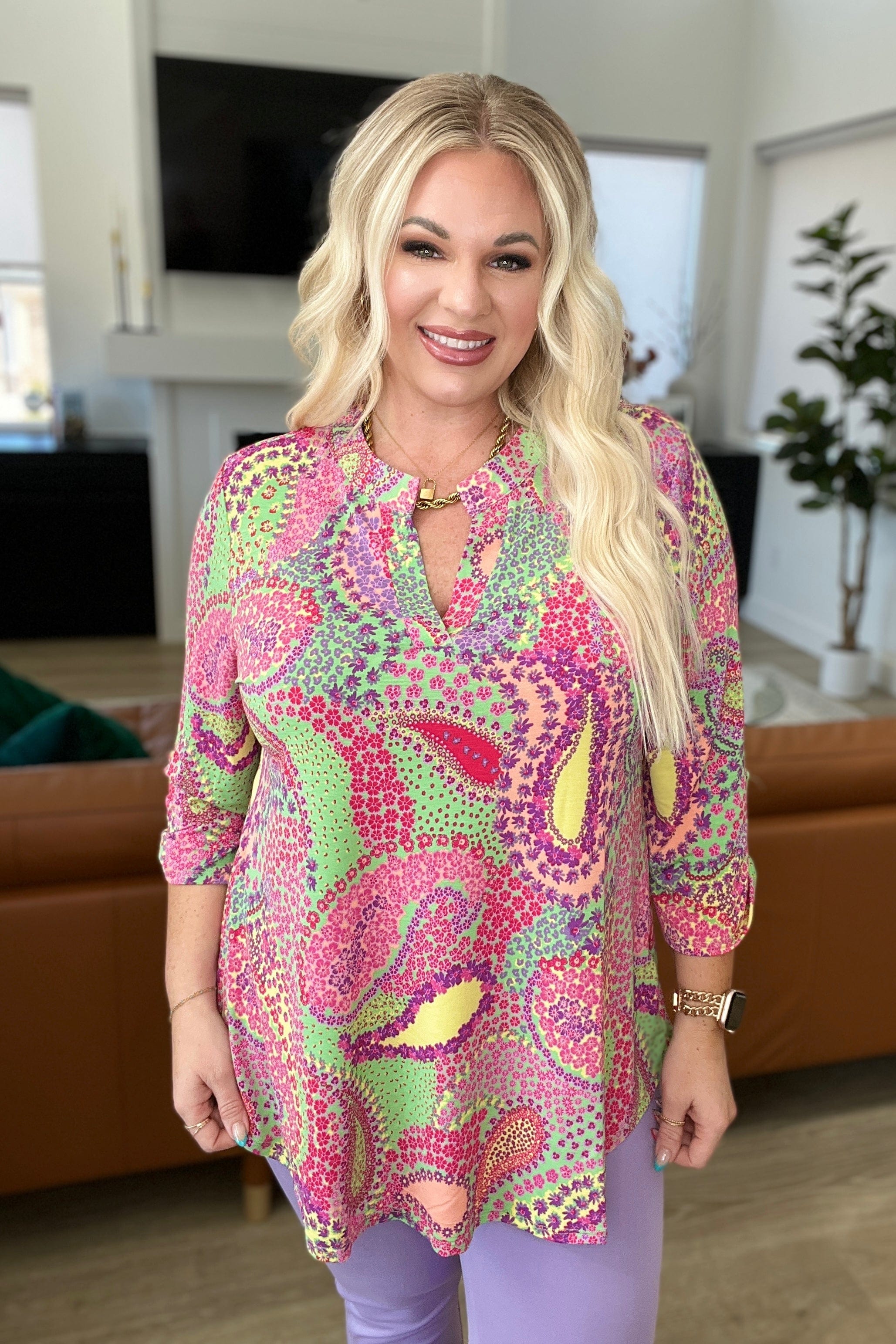 Lizzy Top in Green and Pink Paisley-Tops-Stay Foxy Boutique, Florissant, Missouri