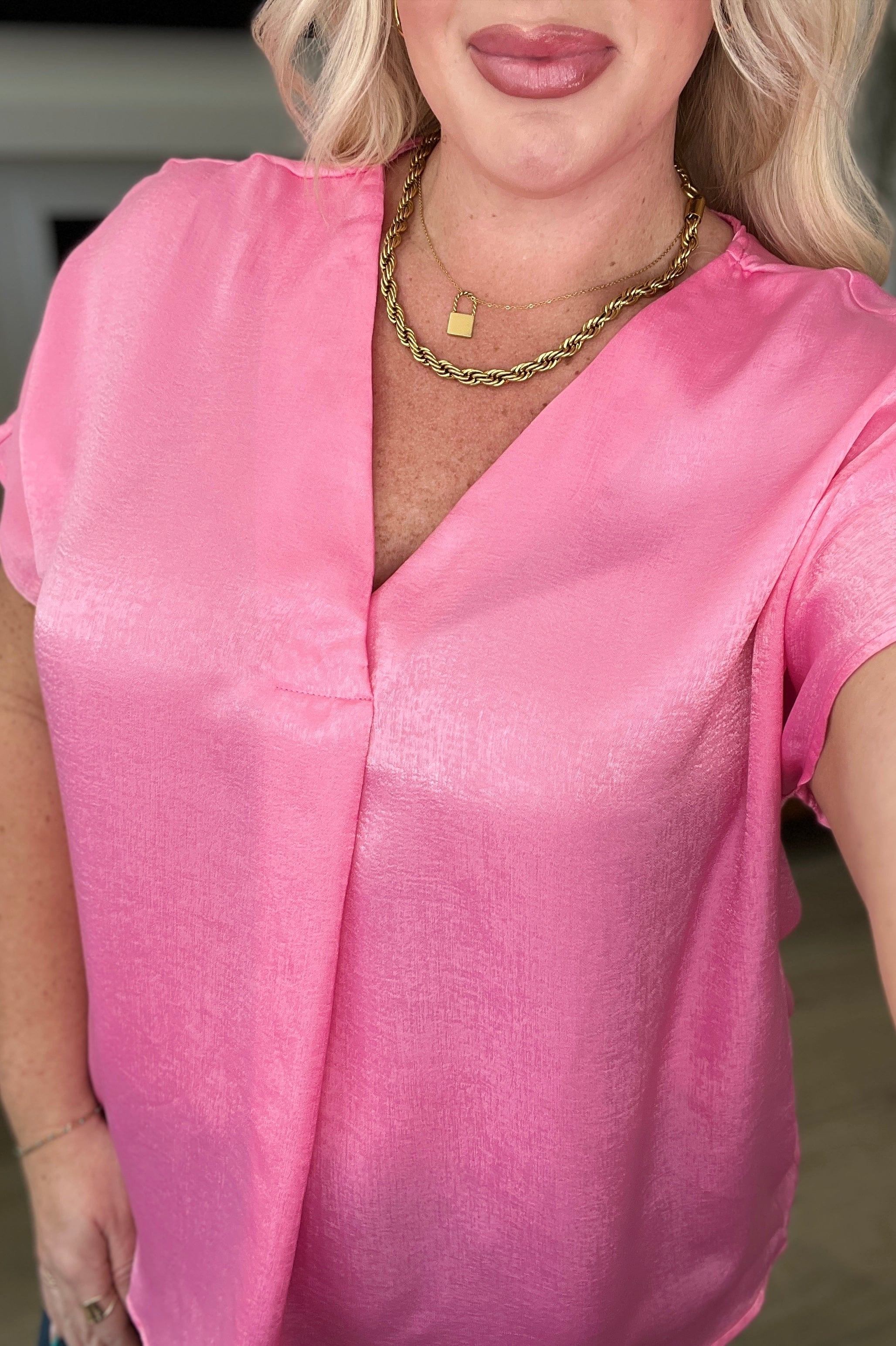 Pleat Front V-Neck Top in Pink Cosmos-Tops-Stay Foxy Boutique, Florissant, Missouri