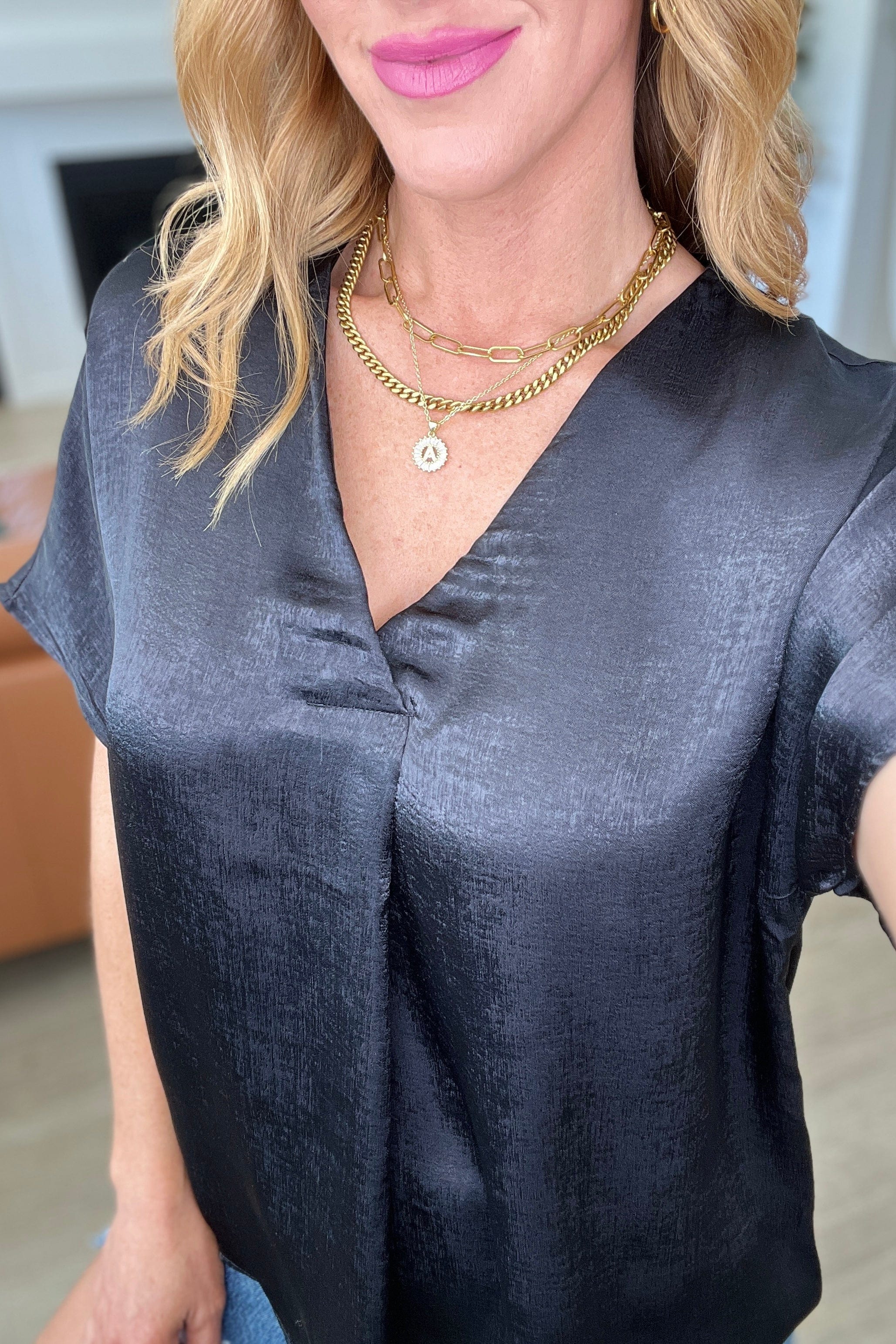 Pleat Front V-Neck Top in Black-Tops-Stay Foxy Boutique, Florissant, Missouri