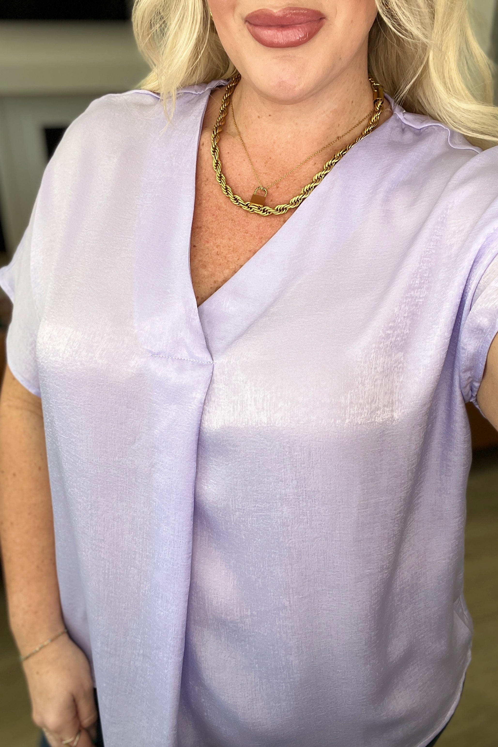 Pleat Front V-Neck Top in Lavender-Tops-Stay Foxy Boutique, Florissant, Missouri