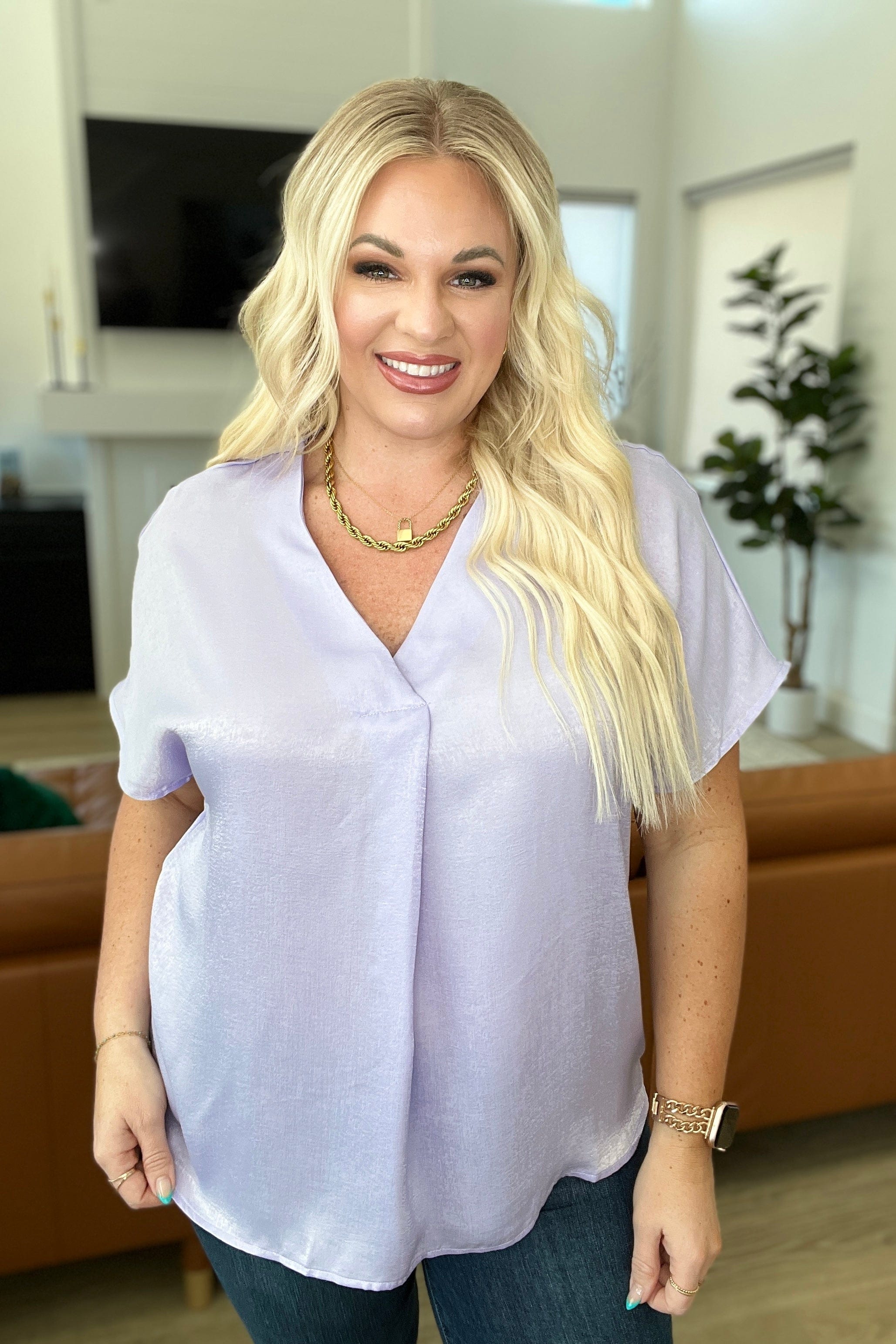 Pleat Front V-Neck Top in Lavender-Tops-Stay Foxy Boutique, Florissant, Missouri