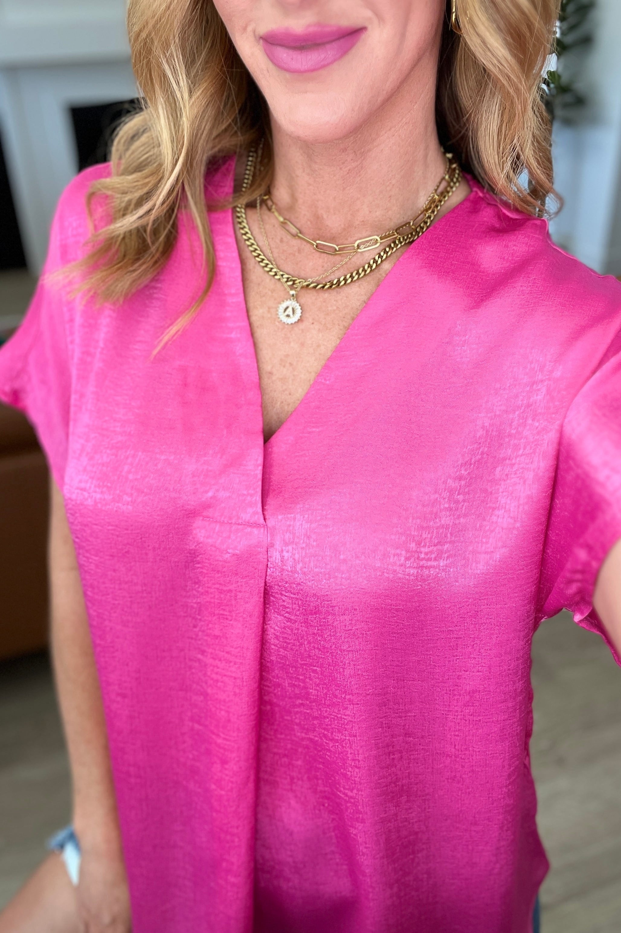 Pleat Front V-Neck Top in Hot Pink-Tops-Stay Foxy Boutique, Florissant, Missouri