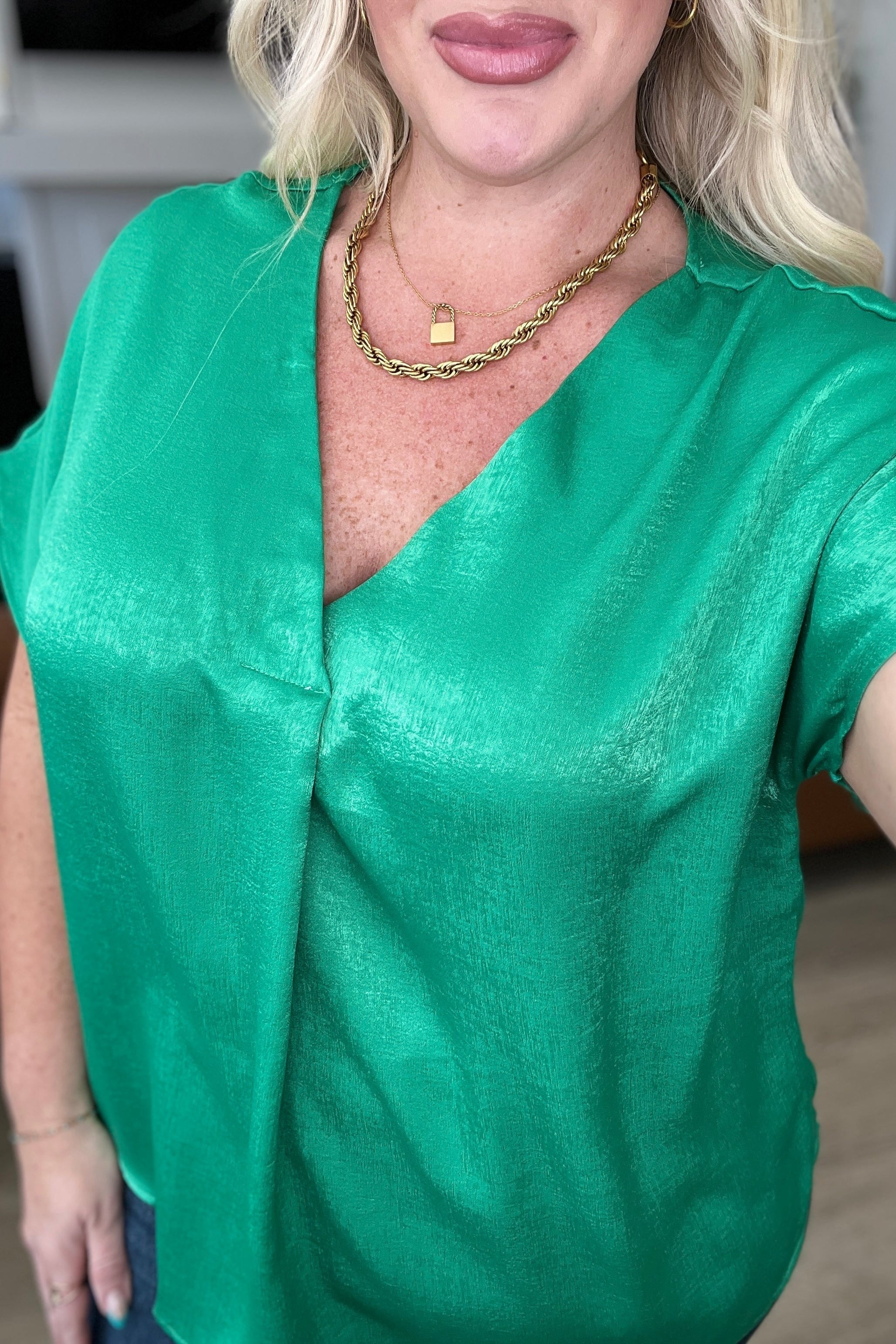 Pleat Front V-Neck Top in Kelly Green-Tops-Stay Foxy Boutique, Florissant, Missouri