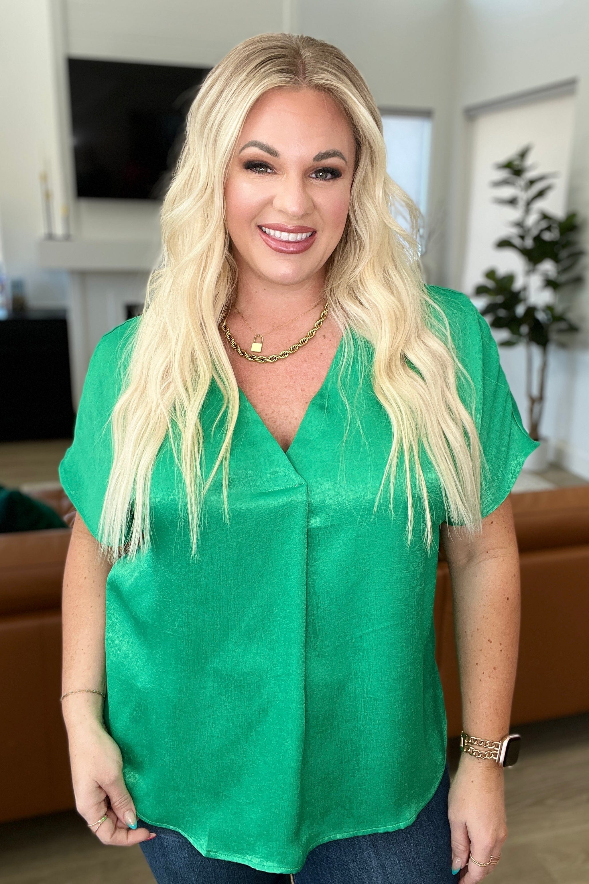 Pleat Front V-Neck Top in Kelly Green-Tops-Stay Foxy Boutique, Florissant, Missouri