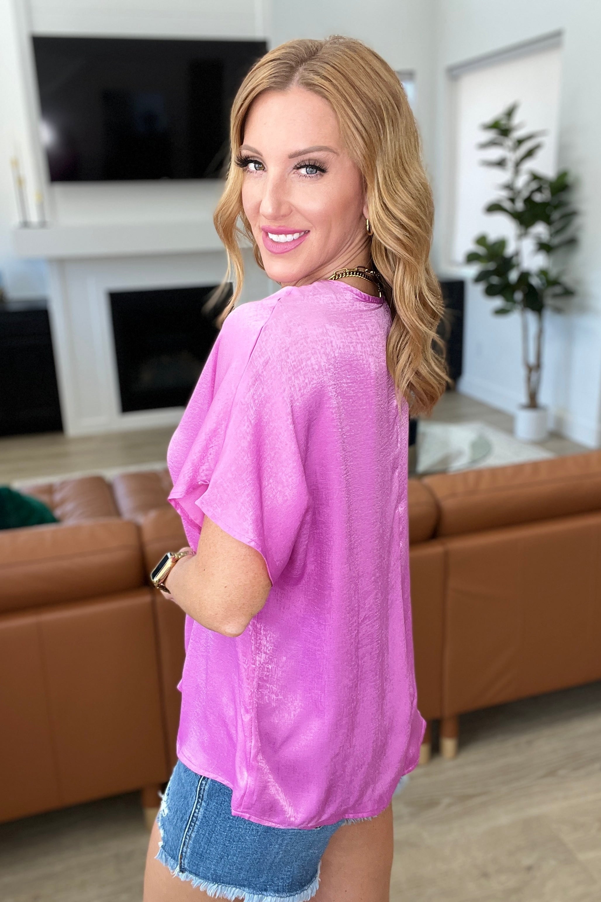 Pleat Front V-Neck Top in Spring Orchid-Tops-Stay Foxy Boutique, Florissant, Missouri
