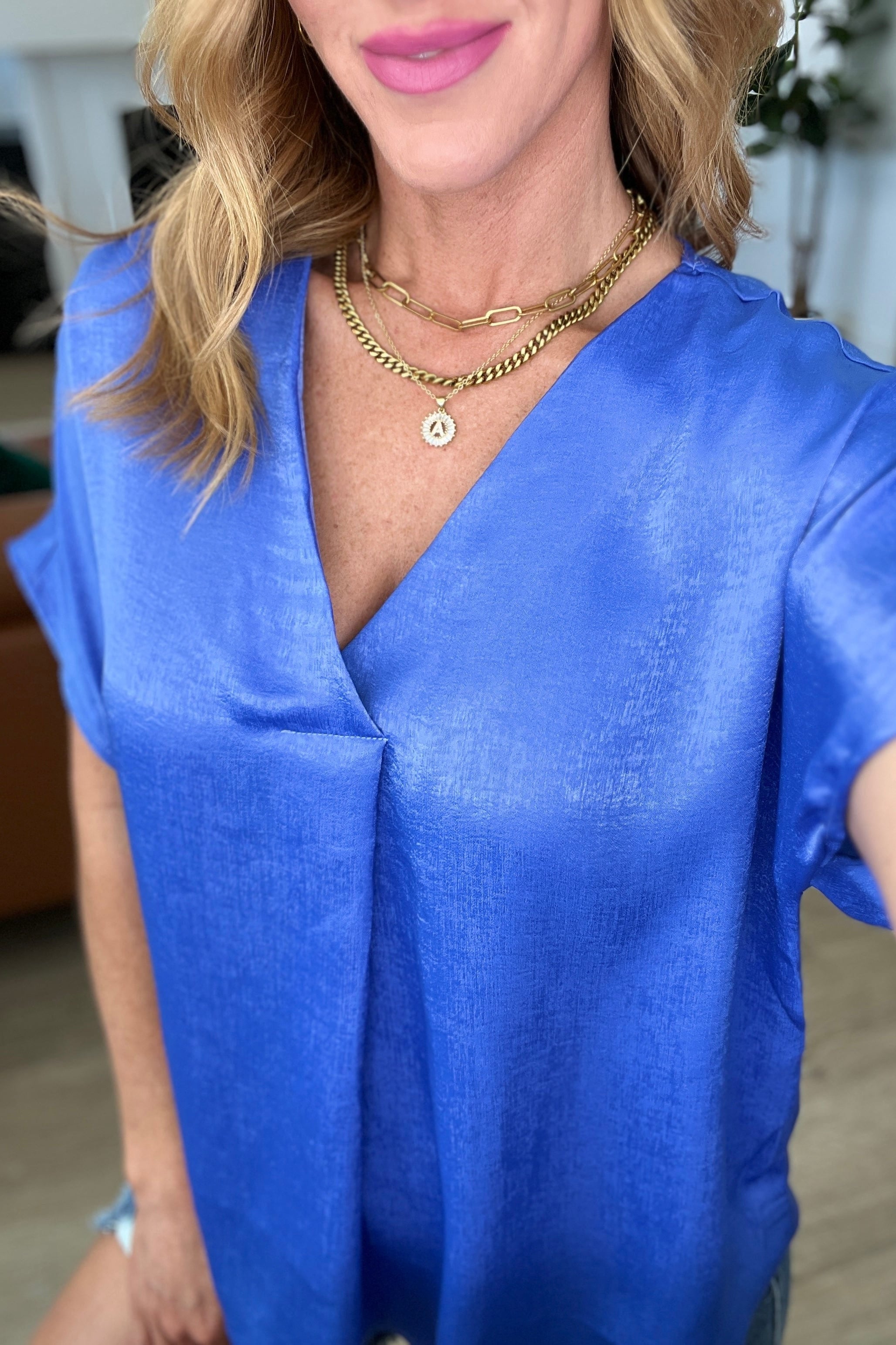 Pleat Front V-Neck Top in Royal Blue-Tops-Stay Foxy Boutique, Florissant, Missouri