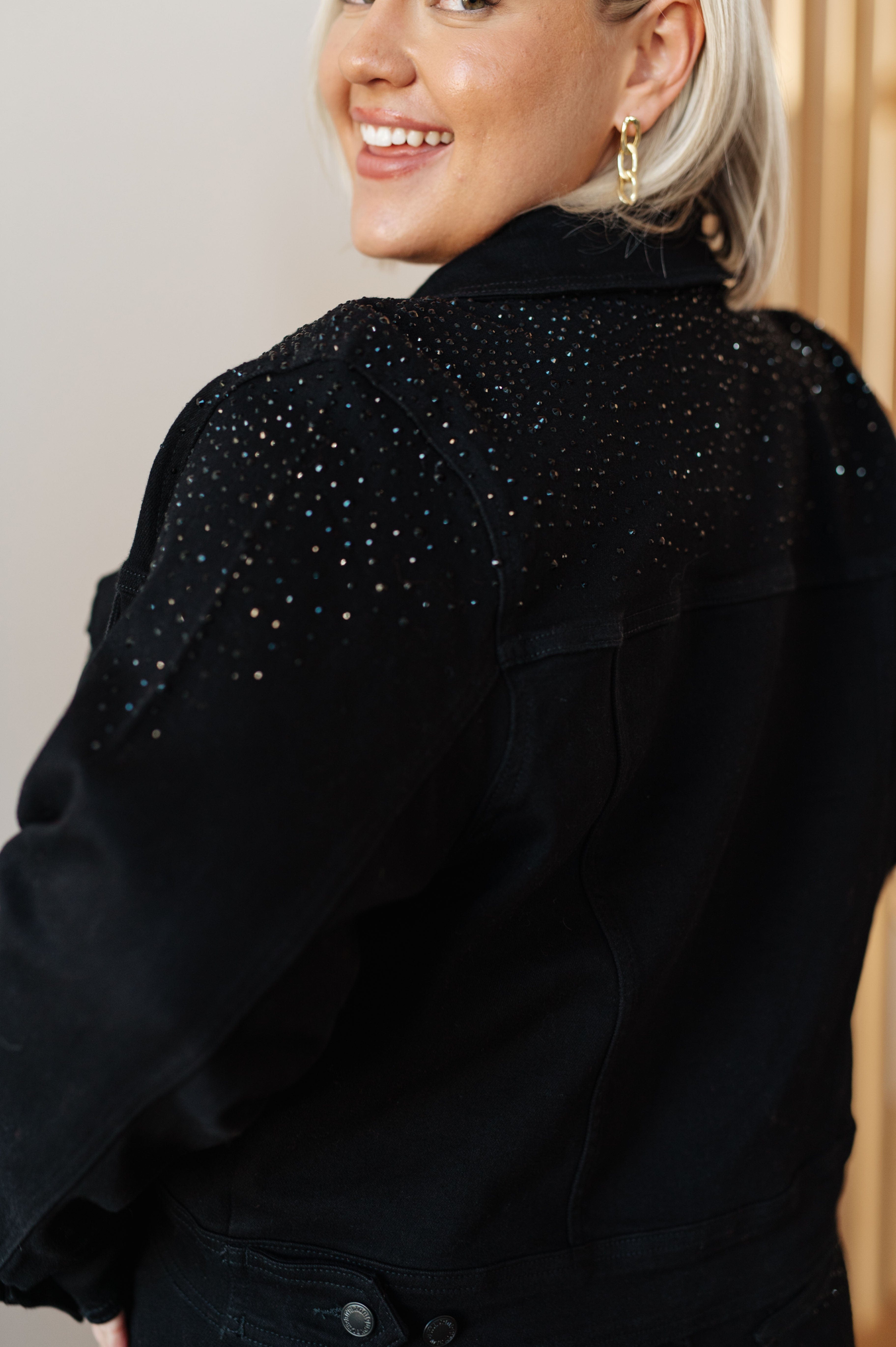 Reese Rhinestone Denim Jacket in Black-Womens-Stay Foxy Boutique, Florissant, Missouri