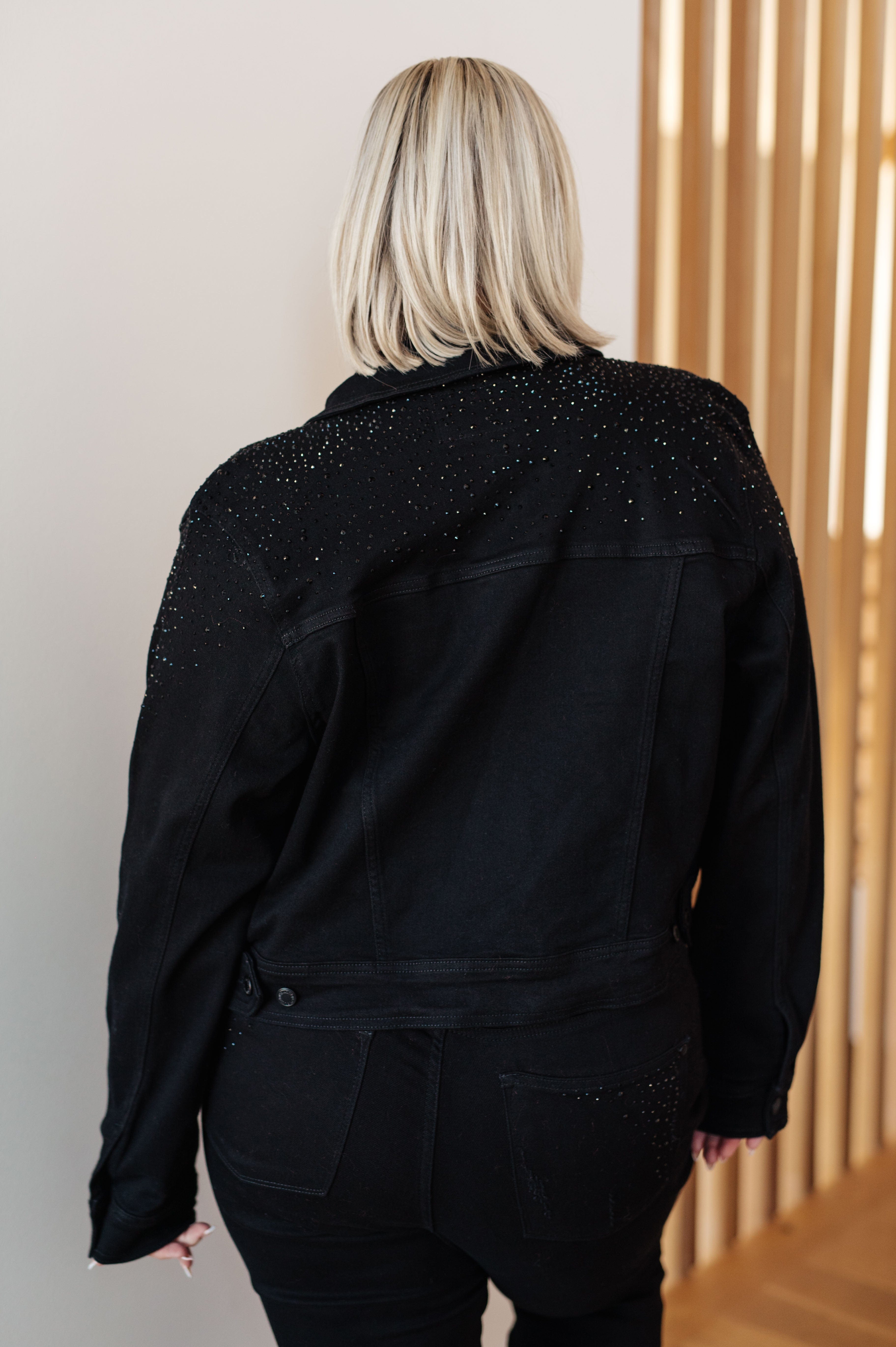 Reese Rhinestone Denim Jacket in Black-Womens-Stay Foxy Boutique, Florissant, Missouri