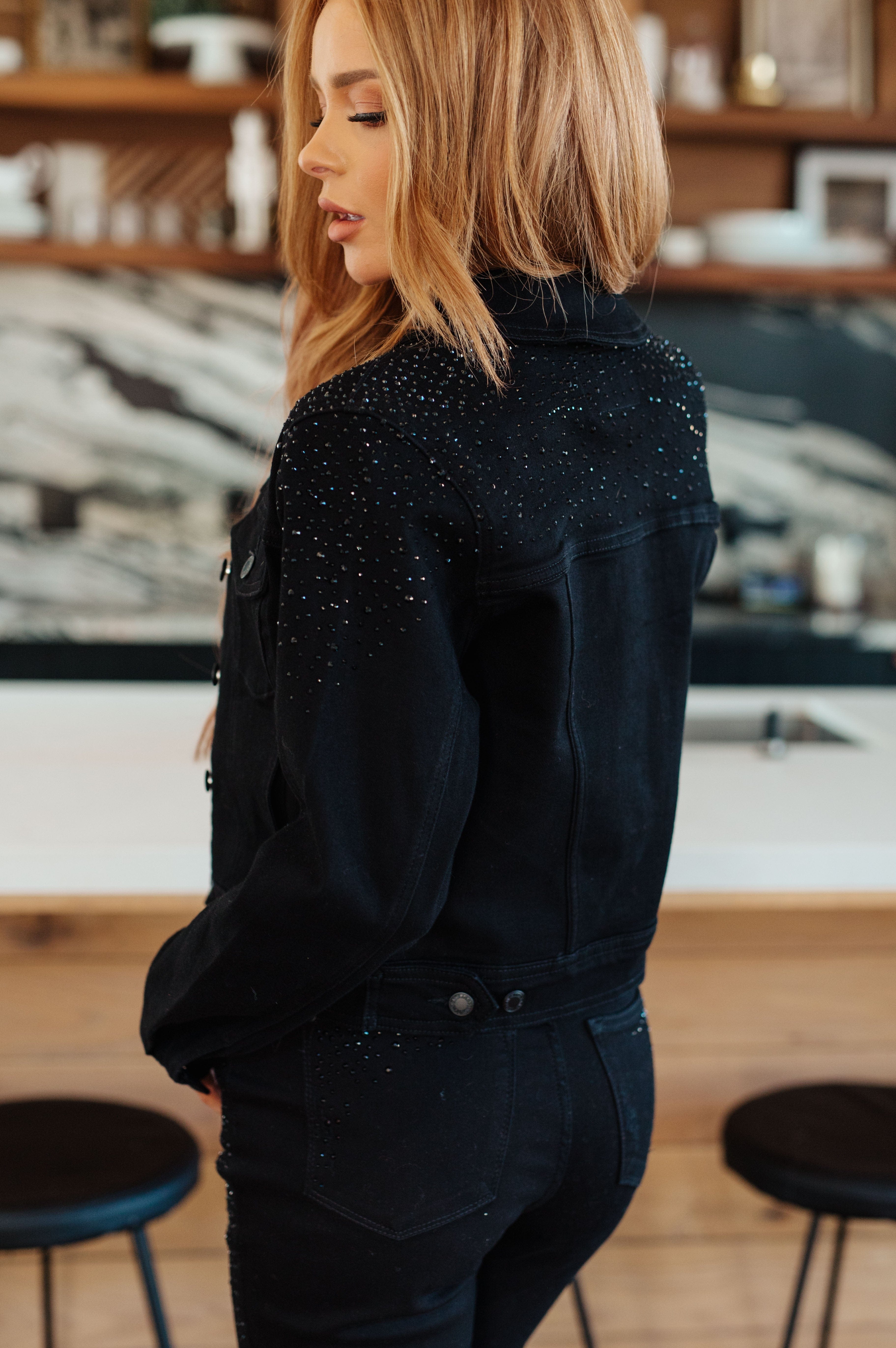 Reese Rhinestone Denim Jacket in Black-Womens-Stay Foxy Boutique, Florissant, Missouri