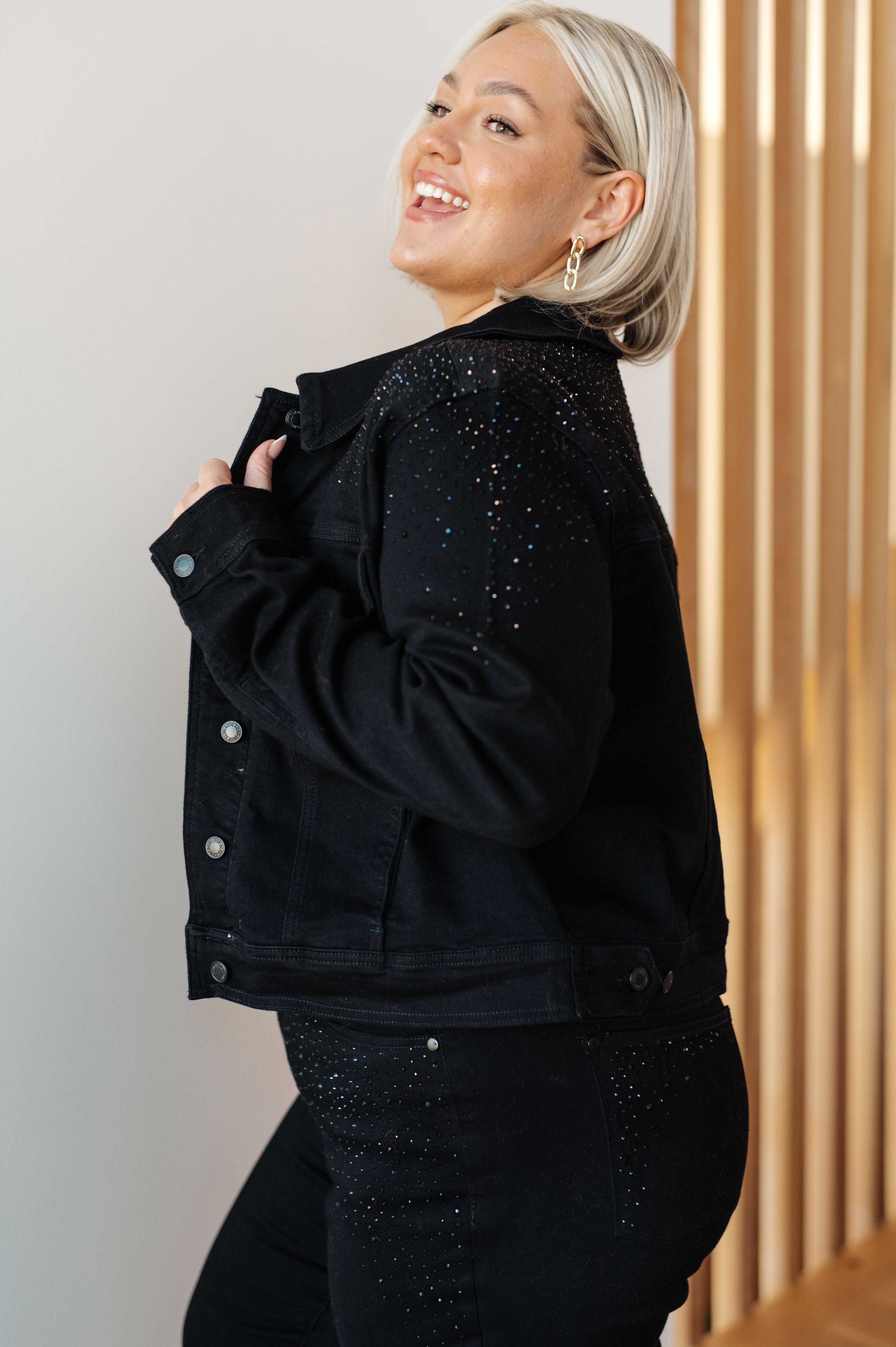 Reese Rhinestone Denim Jacket in Black-Womens-Stay Foxy Boutique, Florissant, Missouri