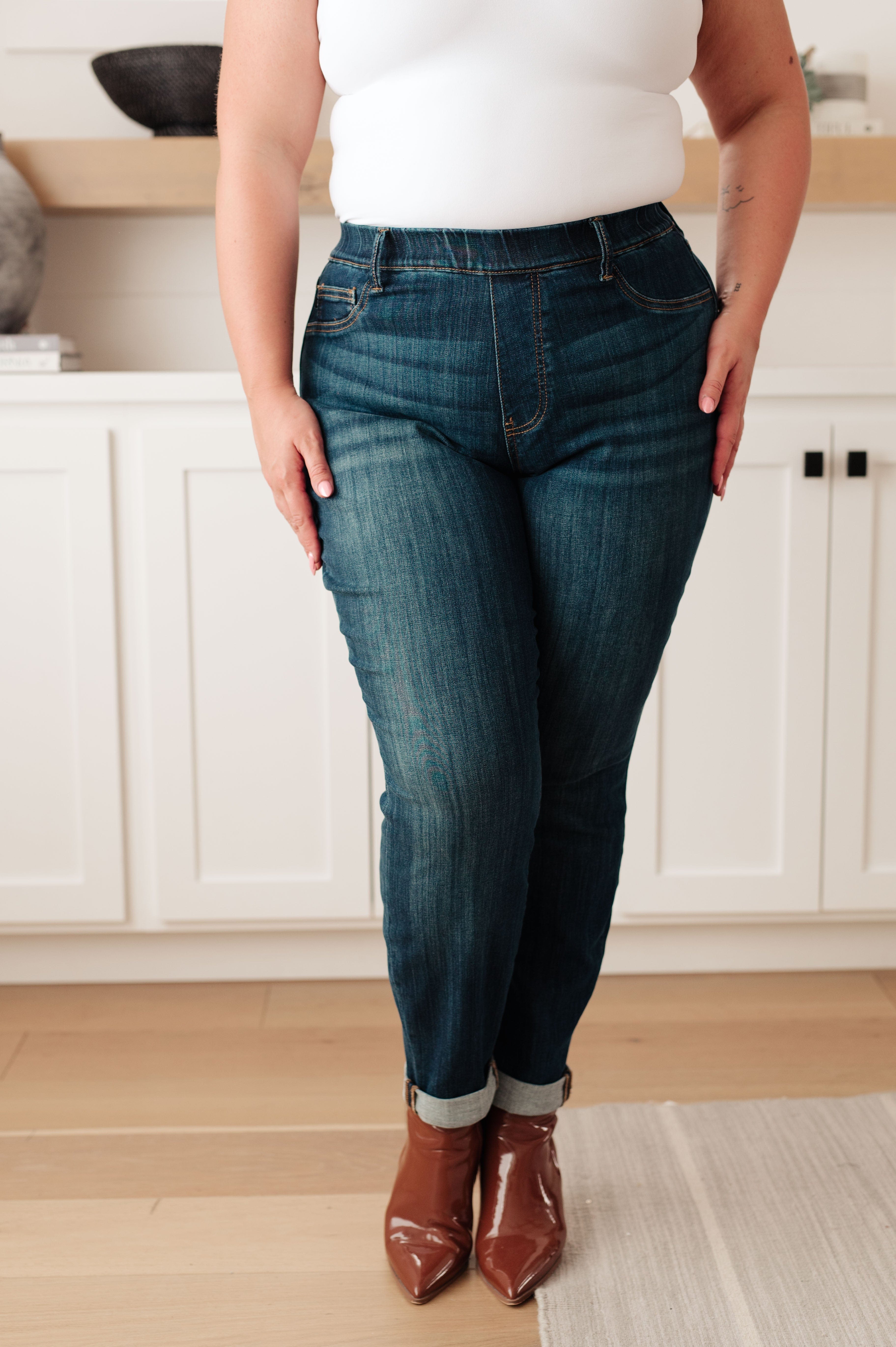 Rowena High Rise Pull On Double Cuff Slim Jeans-Womens-Stay Foxy Boutique, Florissant, Missouri