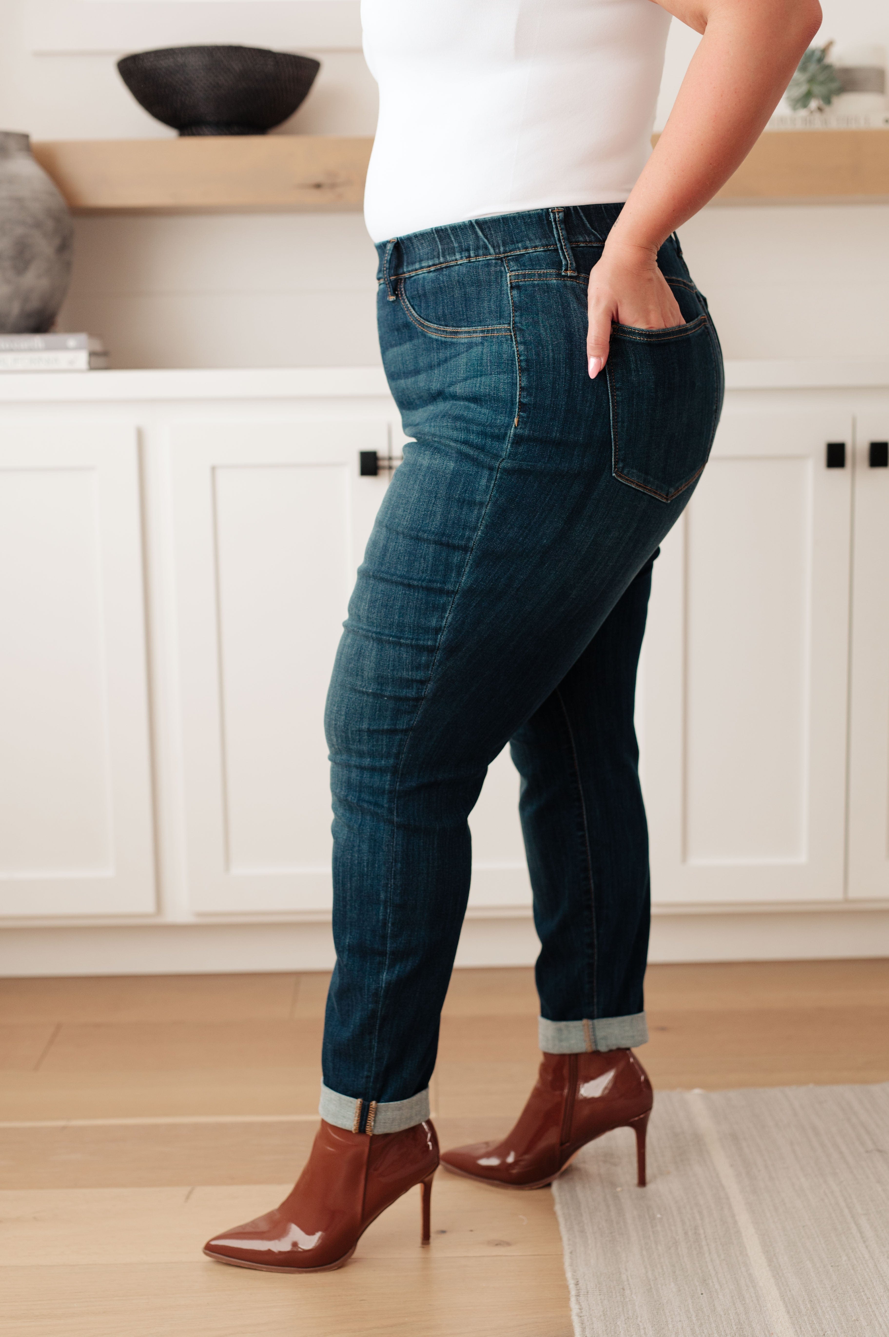 Rowena High Rise Pull On Double Cuff Slim Jeans-Womens-Stay Foxy Boutique, Florissant, Missouri