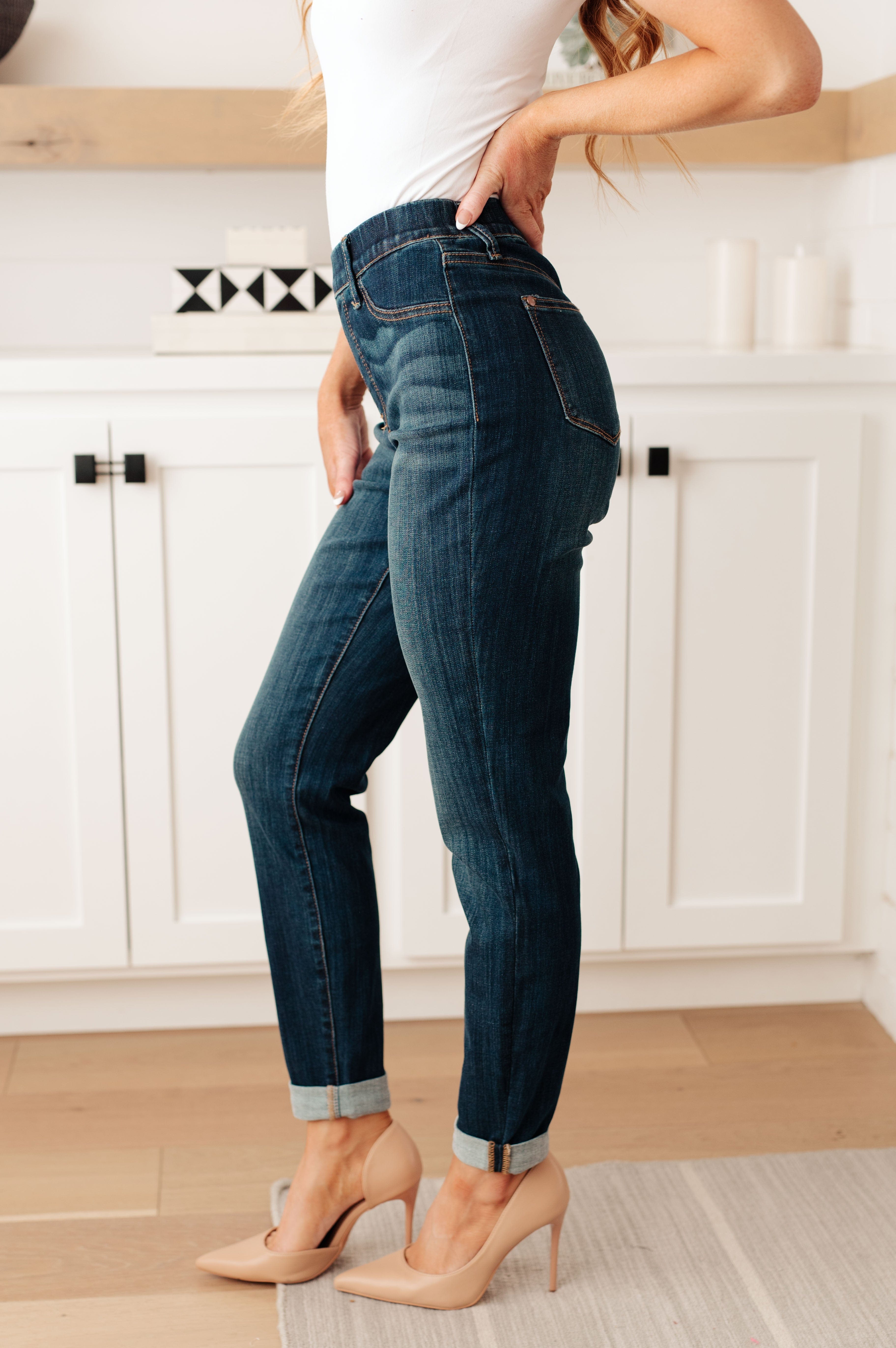 Rowena High Rise Pull On Double Cuff Slim Jeans-Womens-Stay Foxy Boutique, Florissant, Missouri