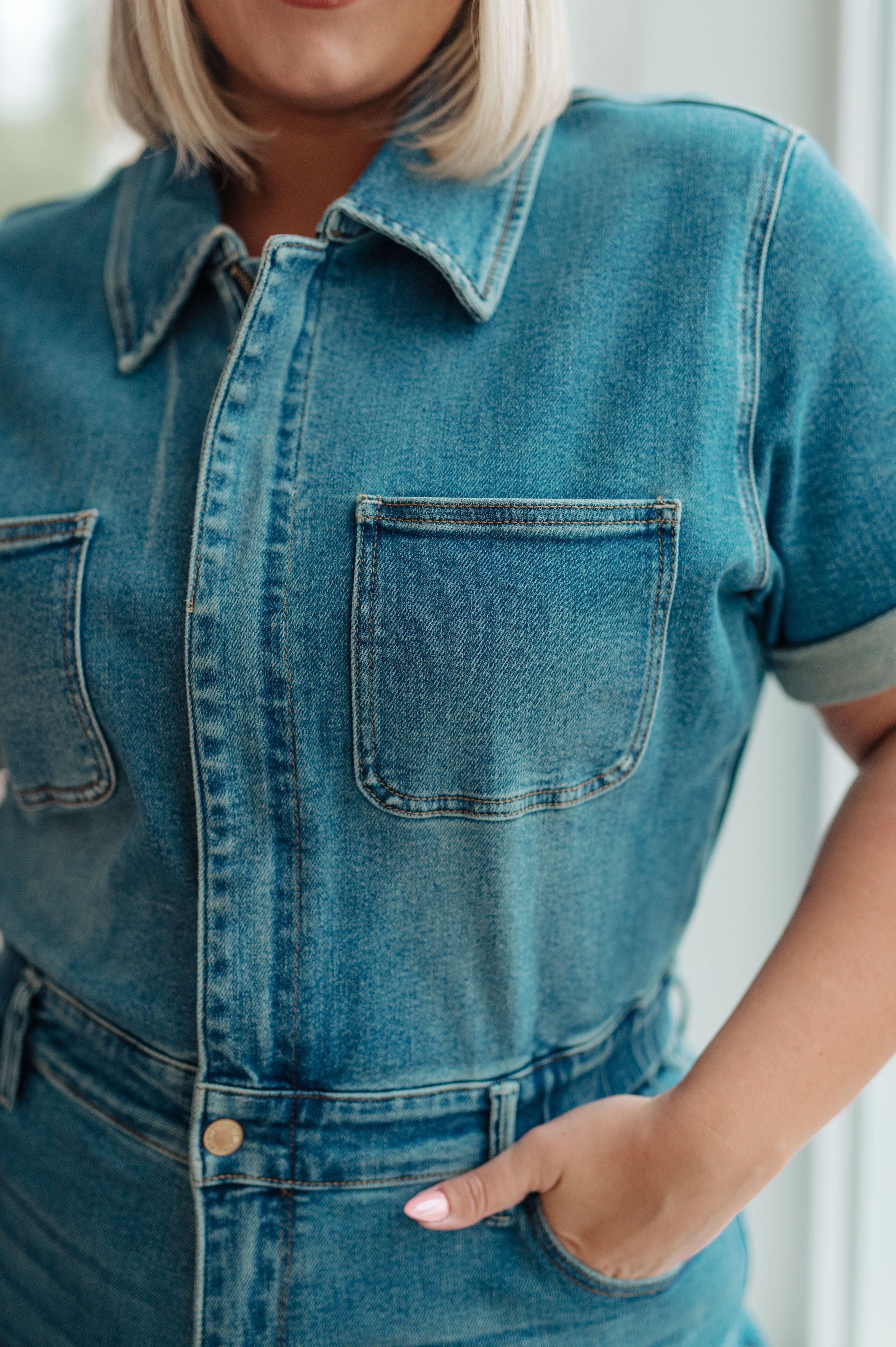 Sylvia Short Sleeve Denim Jumpsuit-Womens-Stay Foxy Boutique, Florissant, Missouri