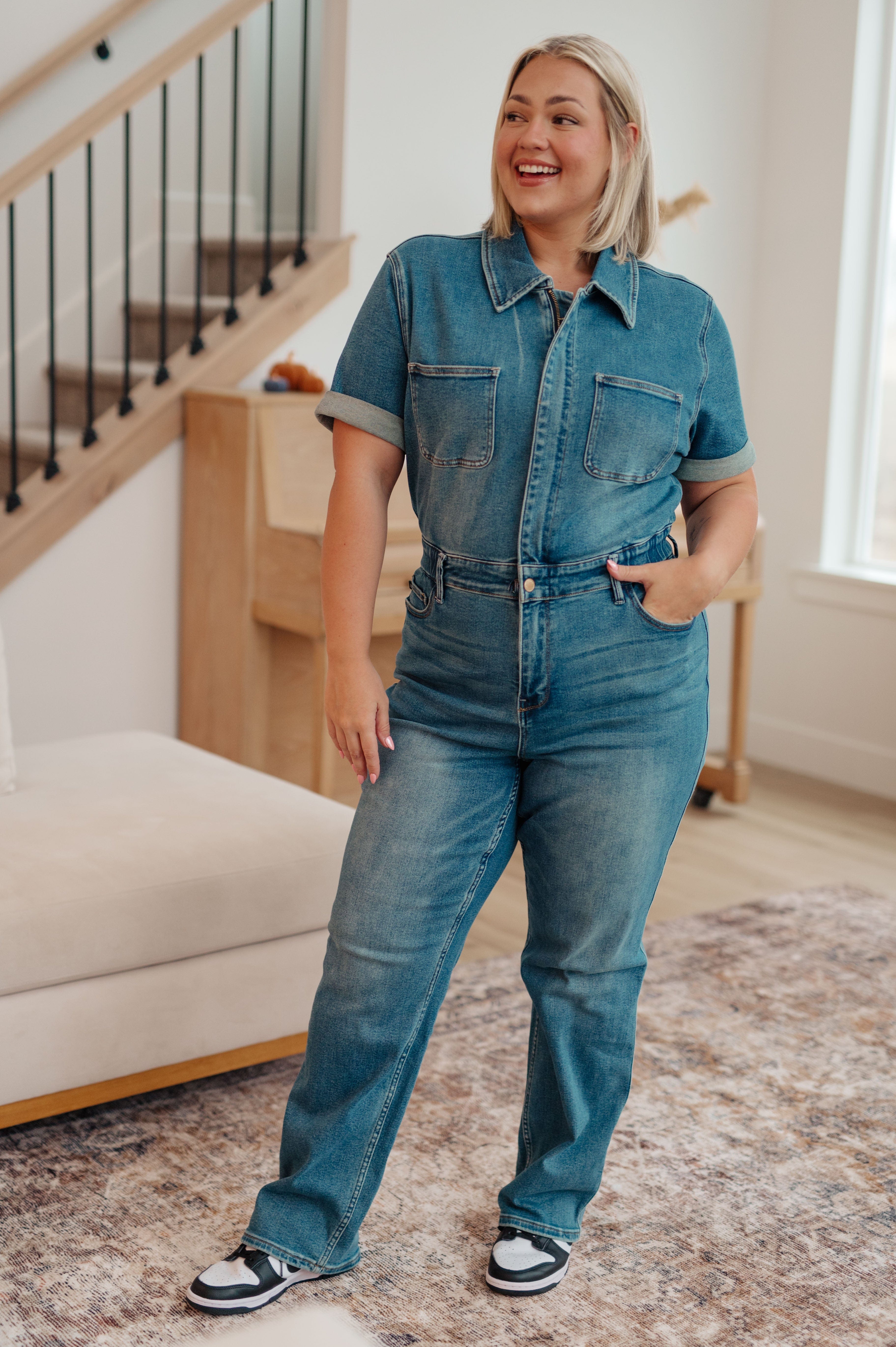 Sylvia Short Sleeve Denim Jumpsuit-Womens-Stay Foxy Boutique, Florissant, Missouri