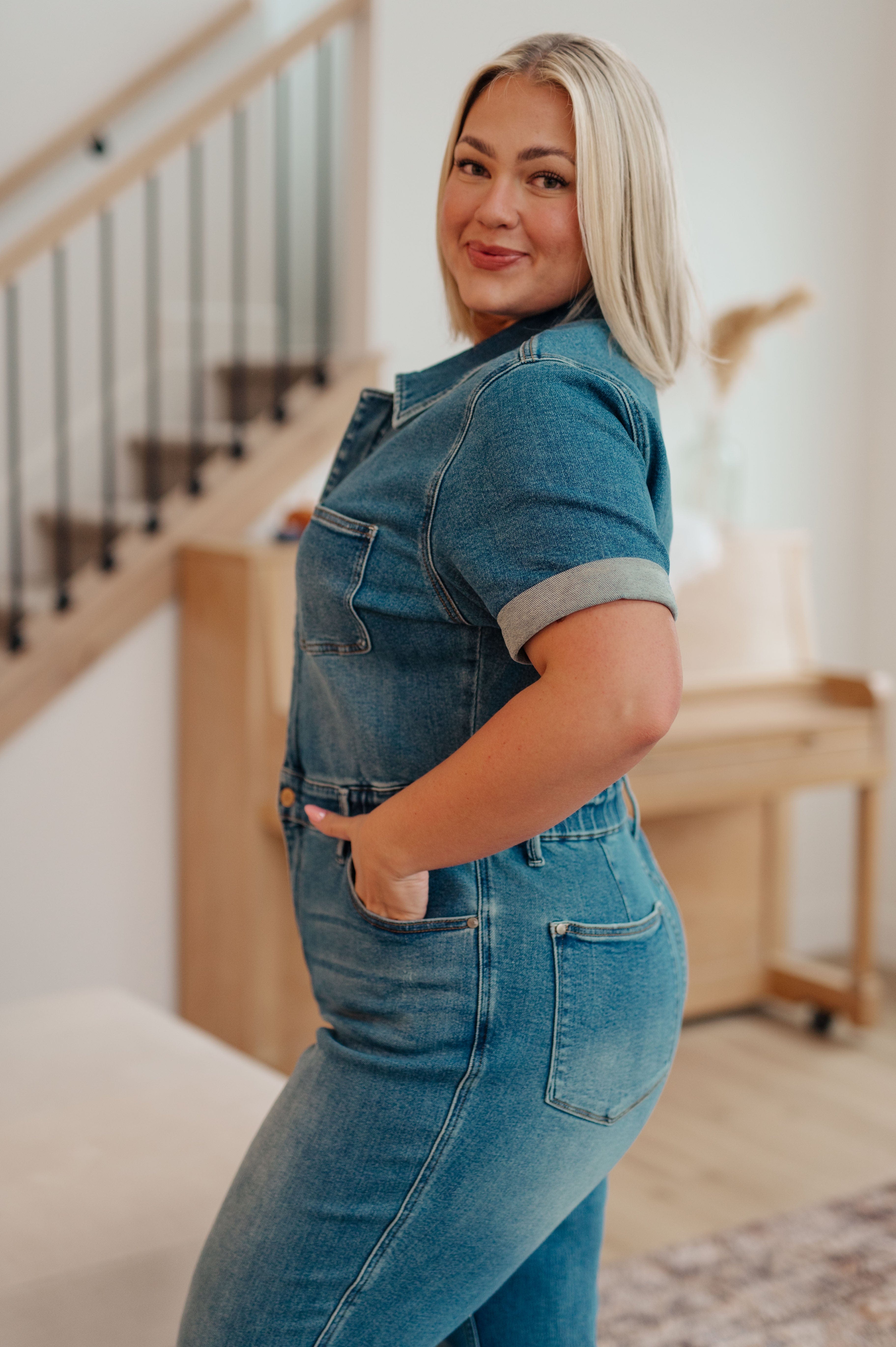 Sylvia Short Sleeve Denim Jumpsuit-Womens-Stay Foxy Boutique, Florissant, Missouri