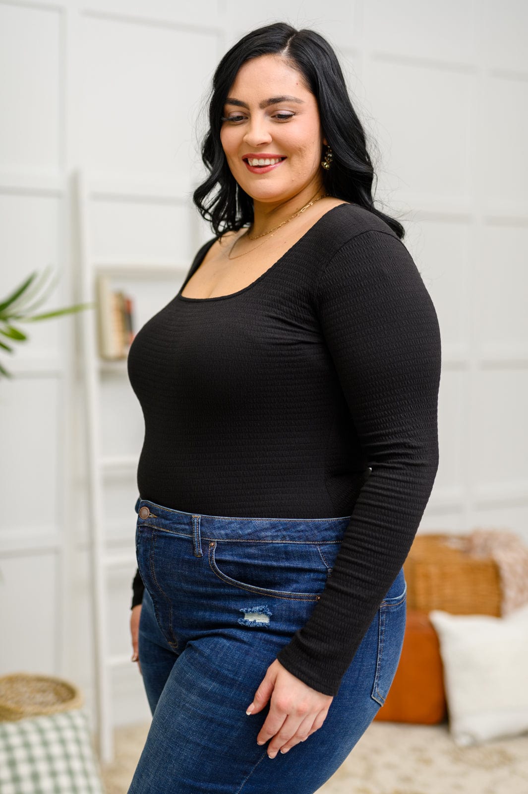 The Trisha Textured Square Neck Bodysuit in Black-Womens-Stay Foxy Boutique, Florissant, Missouri