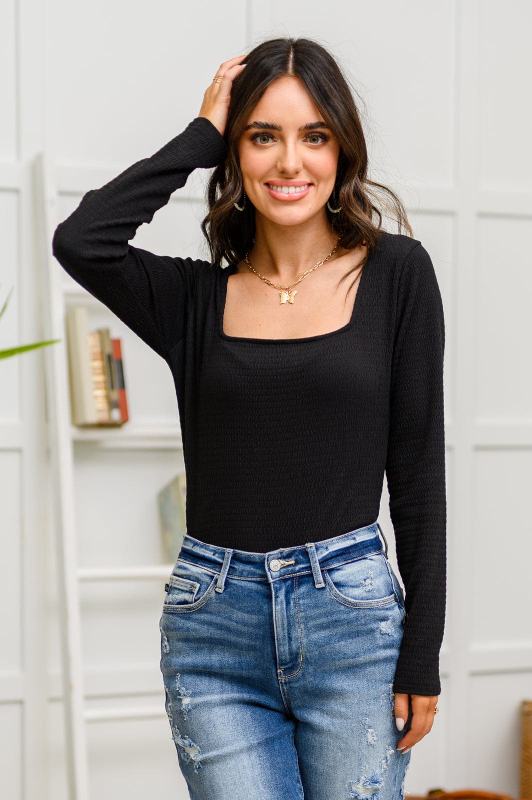 The Trisha Textured Square Neck Bodysuit in Black-Womens-Stay Foxy Boutique, Florissant, Missouri