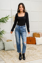 The Trisha Textured Square Neck Bodysuit in Black-Womens-Stay Foxy Boutique, Florissant, Missouri