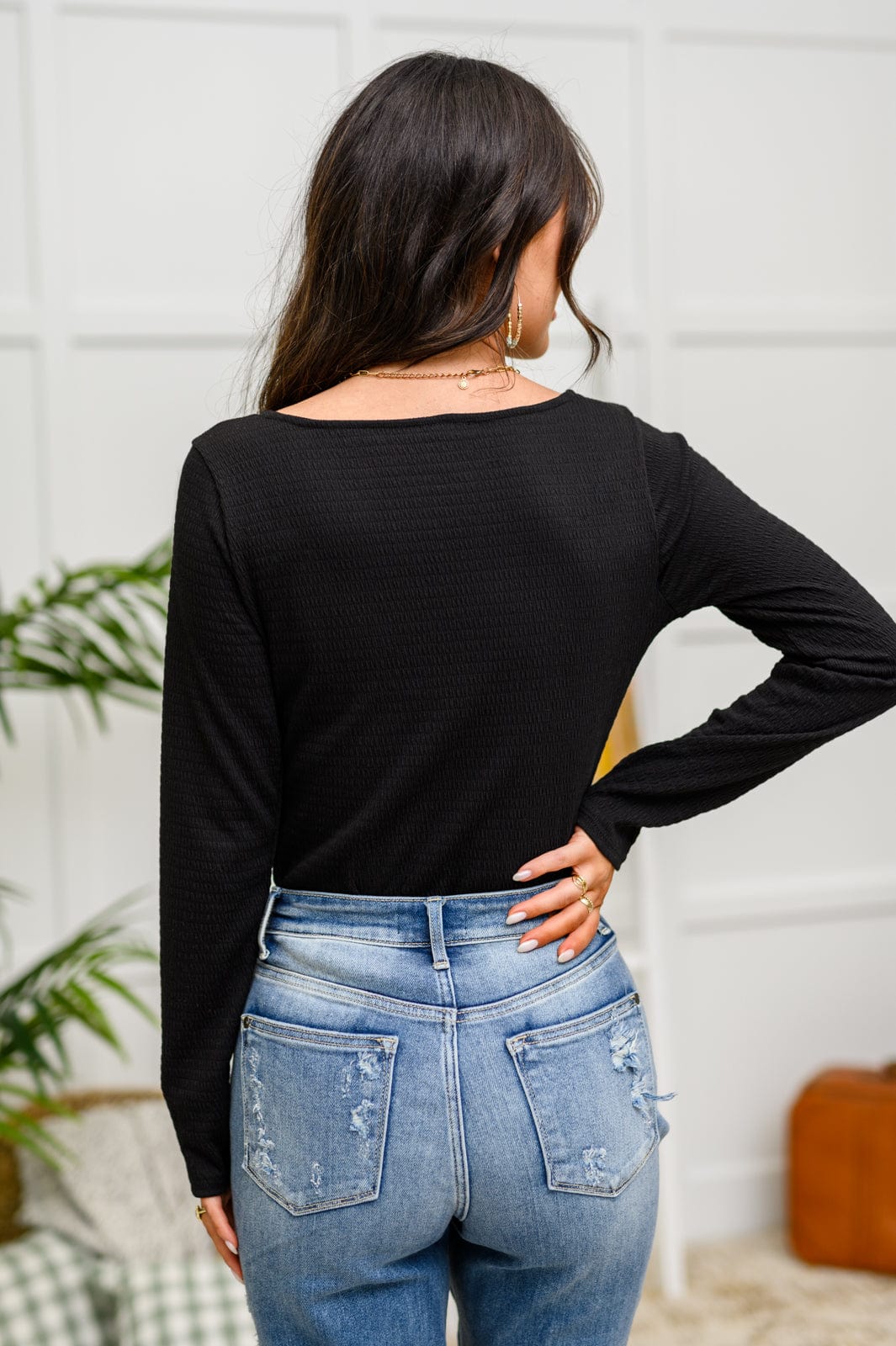 The Trisha Textured Square Neck Bodysuit in Black-Womens-Stay Foxy Boutique, Florissant, Missouri