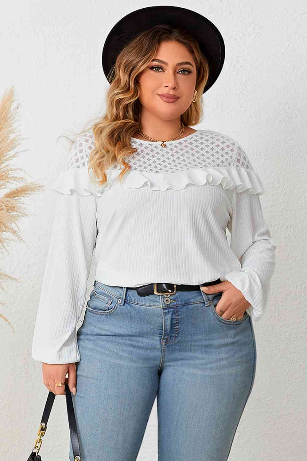 Plus Size Ruffled Round Neck Long Sleeve Blouse-Stay Foxy Boutique, Florissant, Missouri