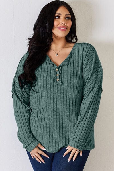 Basic Bae Full Size Ribbed Half Button Long Sleeve T-Shirt-Stay Foxy Boutique, Florissant, Missouri