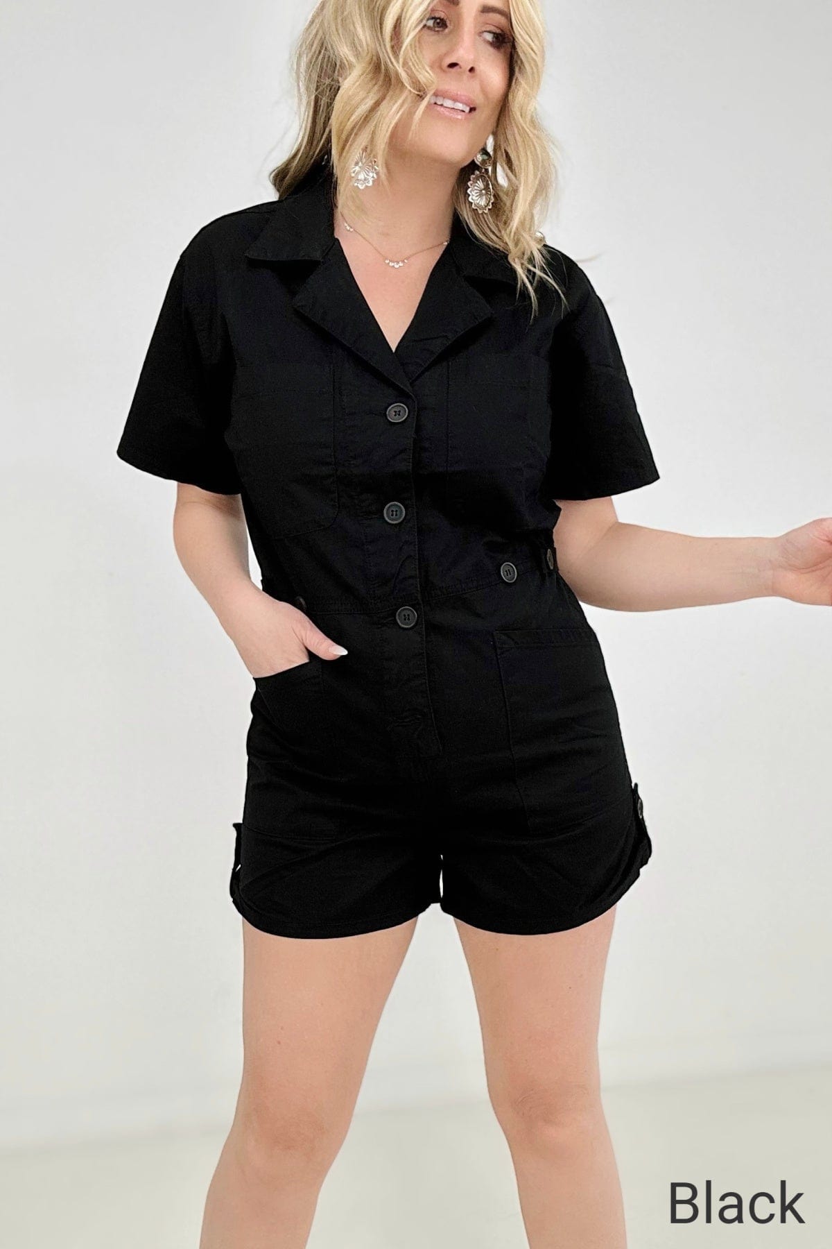 Zenana Woven Cotton Button Front Shirt Romper-Rompers-Stay Foxy Boutique, Florissant, Missouri