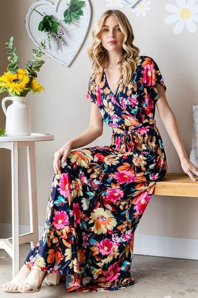 Heimish Full Size Floral Surplice Tie Waist Maxi Dress-Stay Foxy Boutique, Florissant, Missouri